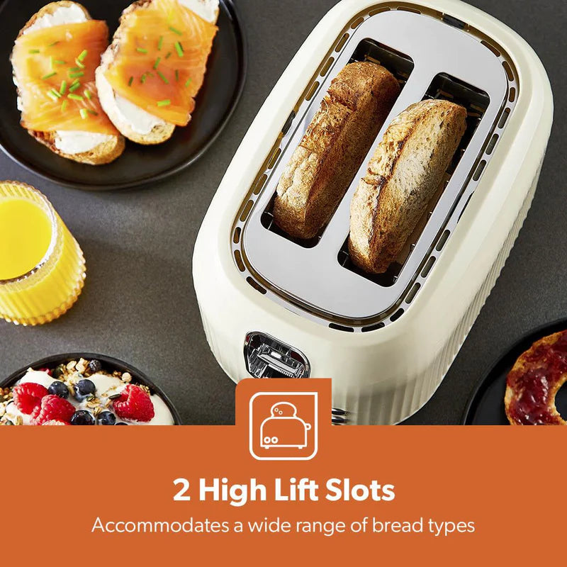 Geepas Fluted Bread Toaster GBT36558UK-CR – 2 Slice, 6 Browning Levels, Removable Crumb Tray, Defrost & Reheat, Ideal for All Bread Types, 2-Year Warranty, Cream