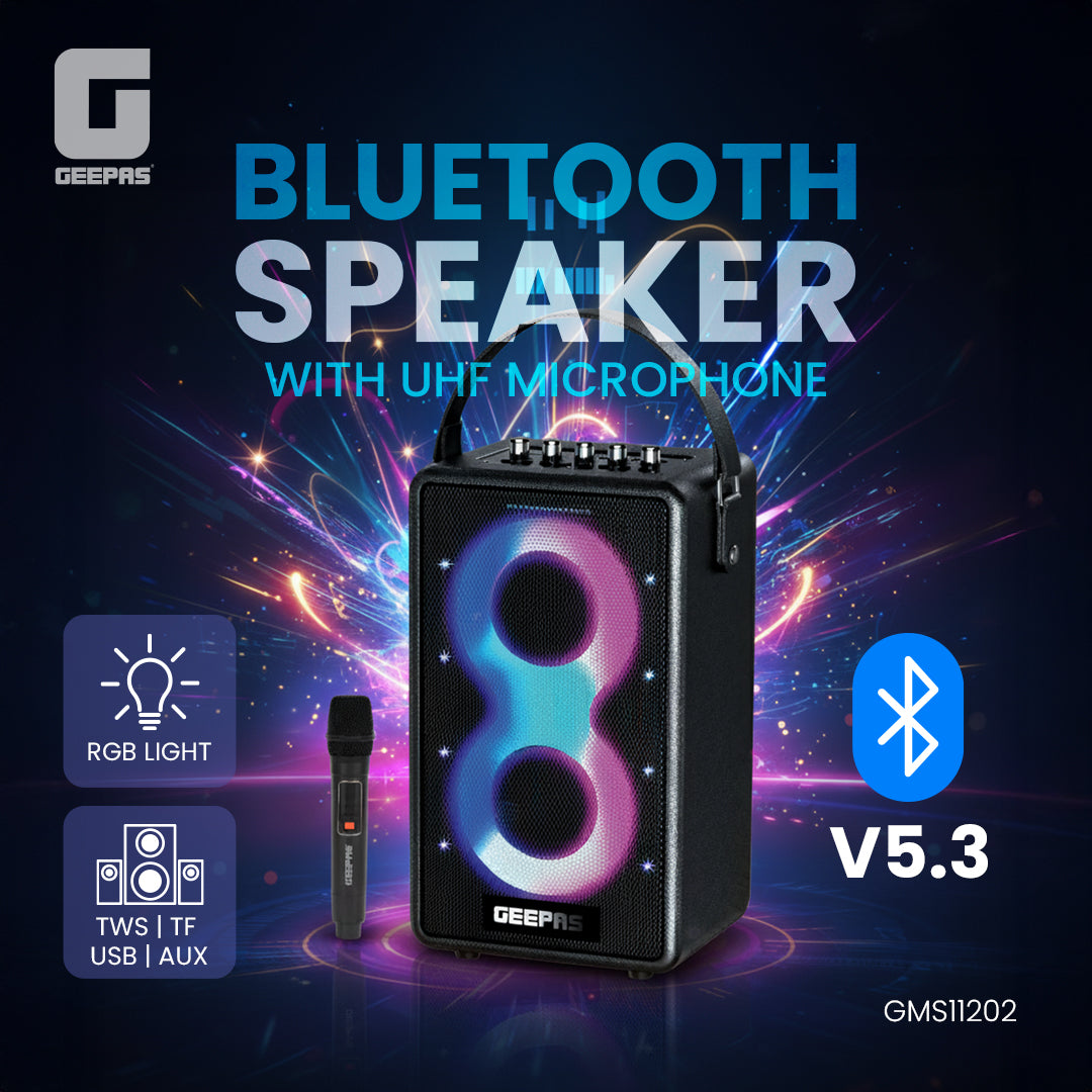 Geepas GMS11202 Bluetooth Speaker with UHF Wireless Microphone | 70W RMS Powerful Sound | 7200mAh Rechargeable Battery | RGB Party Lights | Multi-Connectivity Options
