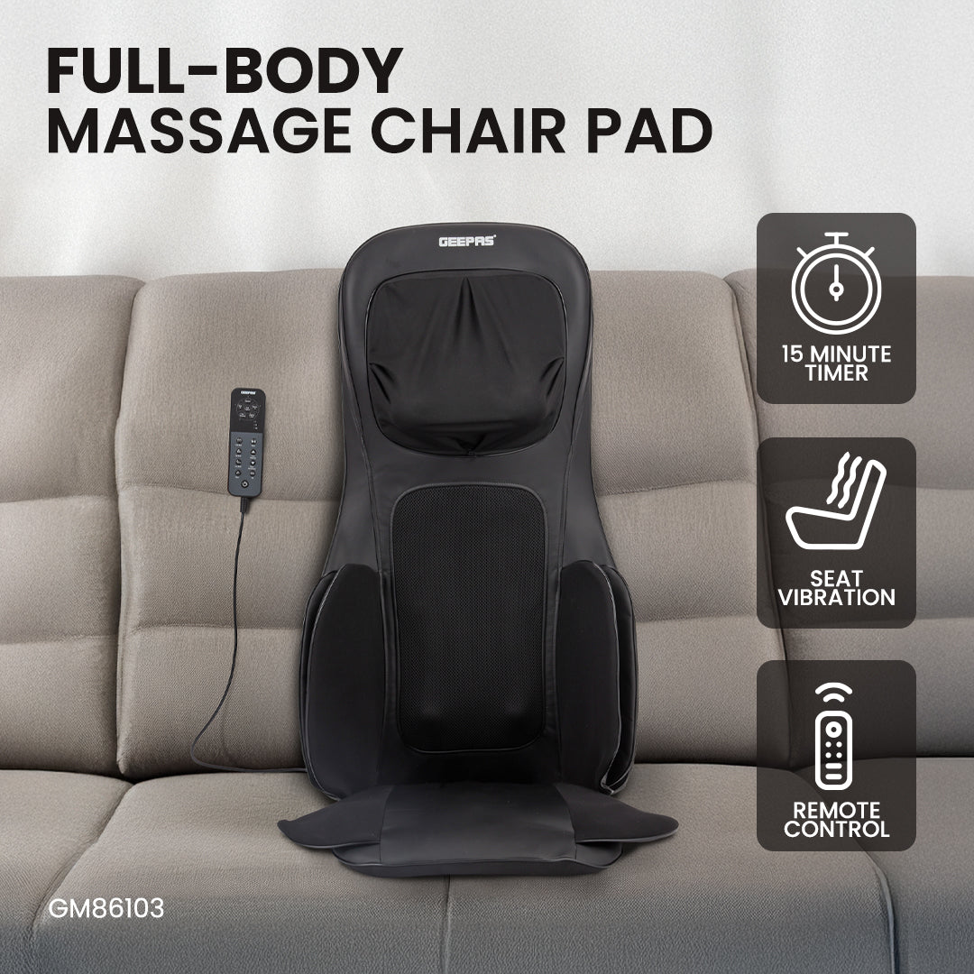 Geepas Full-Body Massage Chair Pad GM86103 | Shiatsu Massage, Airbag Compression, Heating Therapy, Adjustable Intensity, Neck & Back Relaxation Cushion for Home & Office