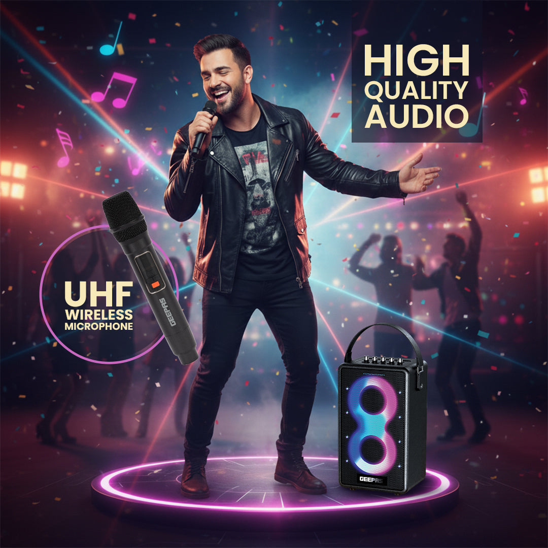 Geepas GMS11202 Bluetooth Speaker with UHF Wireless Microphone | 70W RMS Powerful Sound | 7200mAh Rechargeable Battery | RGB Party Lights | Multi-Connectivity Options
