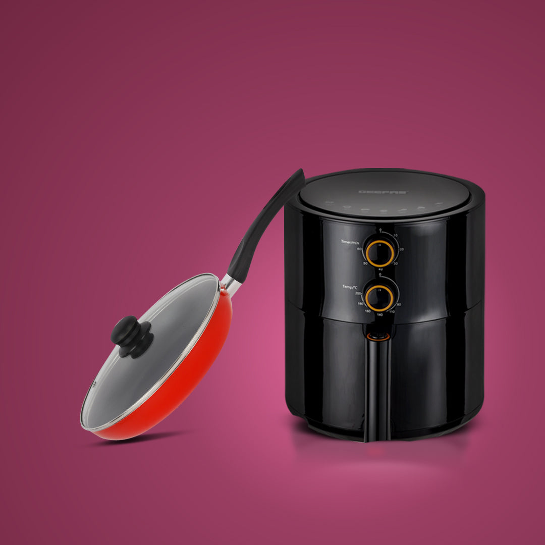 Geepas & Royalford Healthy Kitchen Combo: 4L Vortex Air Fryer & 24cm Non-Stick Frypan with Lid