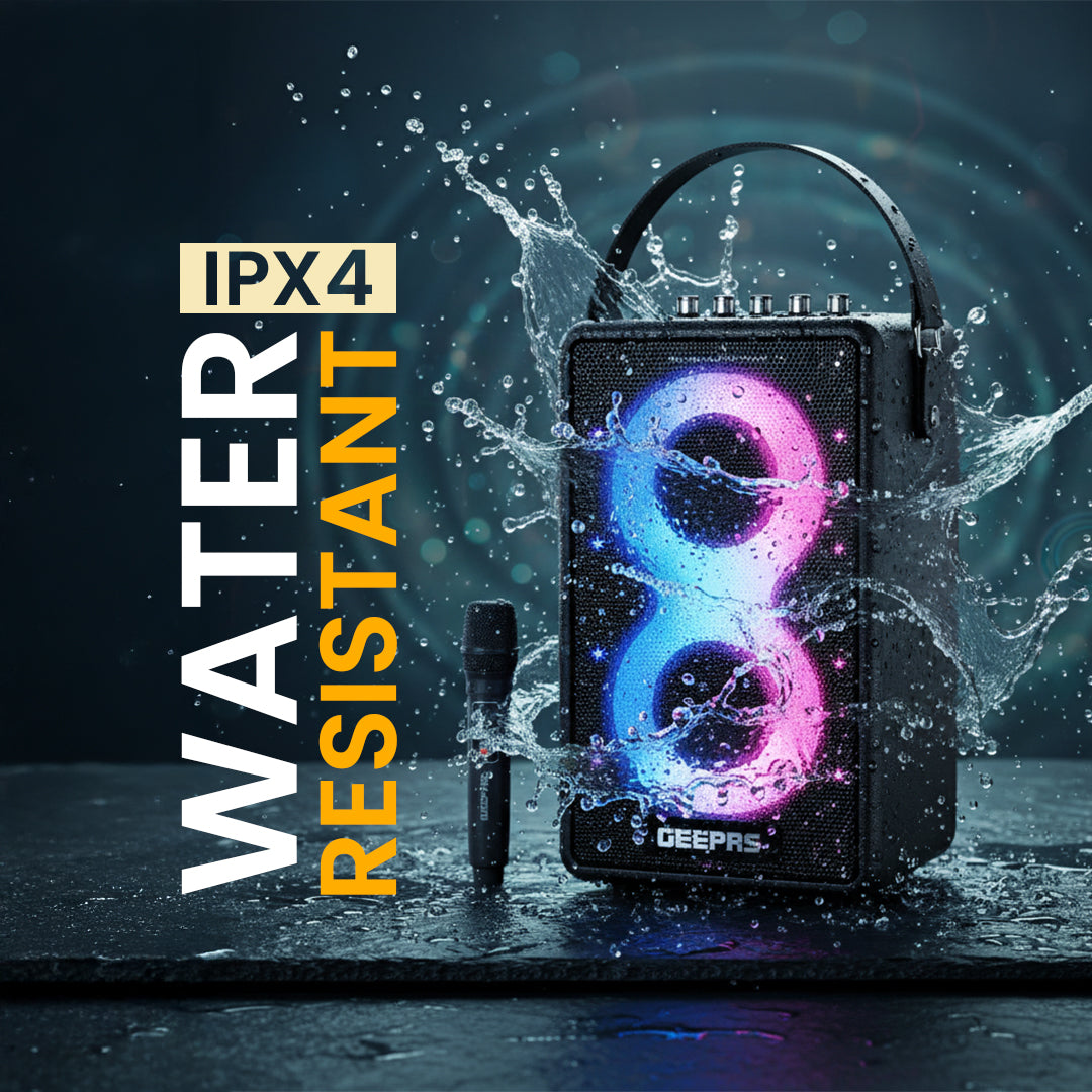 Geepas GMS11202 Bluetooth Speaker with UHF Wireless Microphone | 70W RMS Powerful Sound | 7200mAh Rechargeable Battery | RGB Party Lights | Multi-Connectivity Options