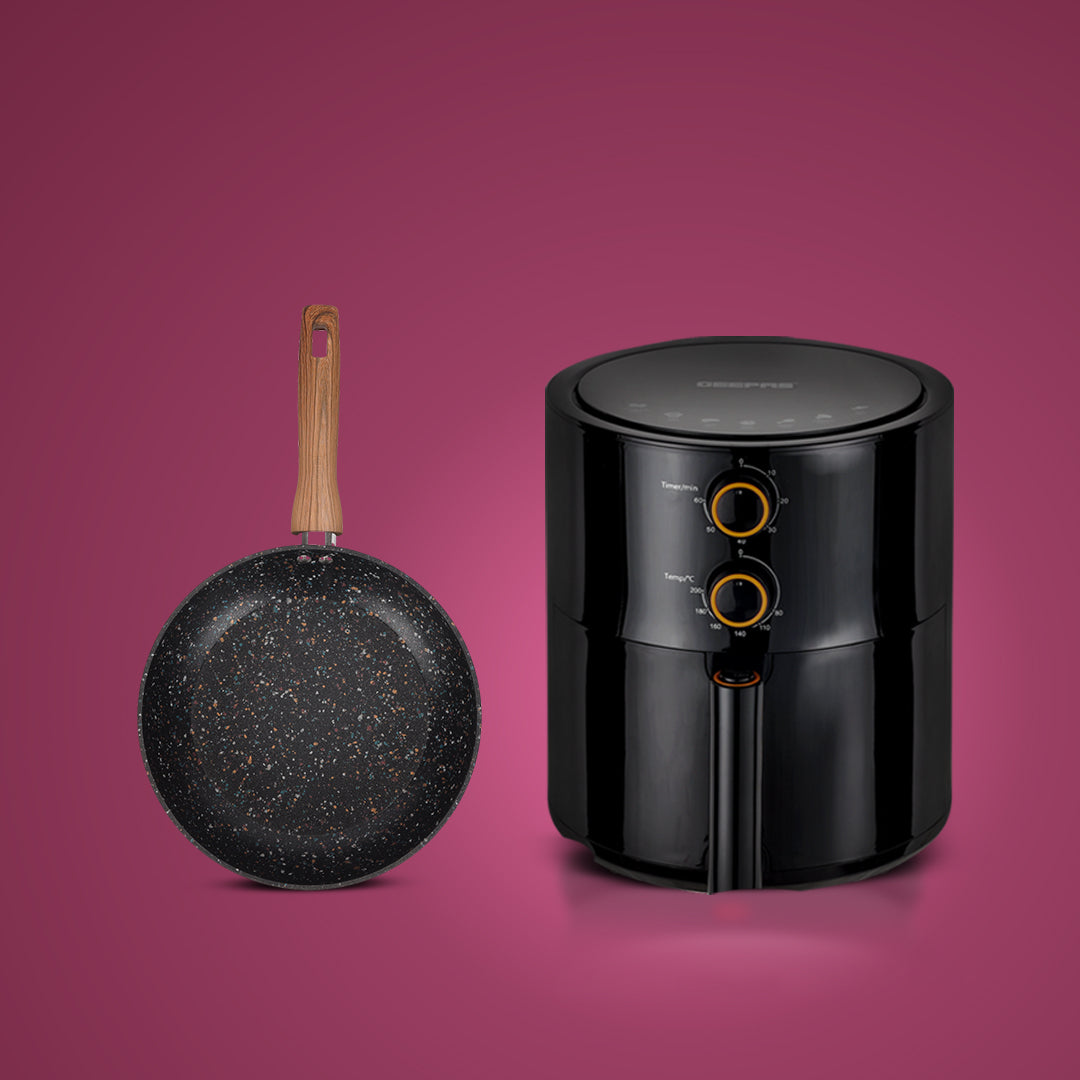 Geepas & Royalford Modern Kitchen Upgrade Combo: 4L Air Fryer & 26cm Induction-Compatible Granite Frypan