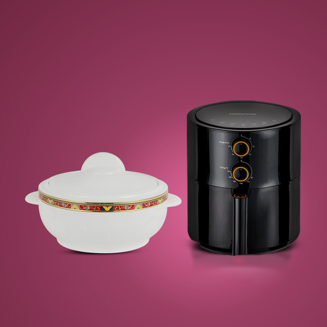 Geepas & Royalford Cook & Serve Combo: 4L Air Fryer & 1600ml Insulated Deluxe Casserole