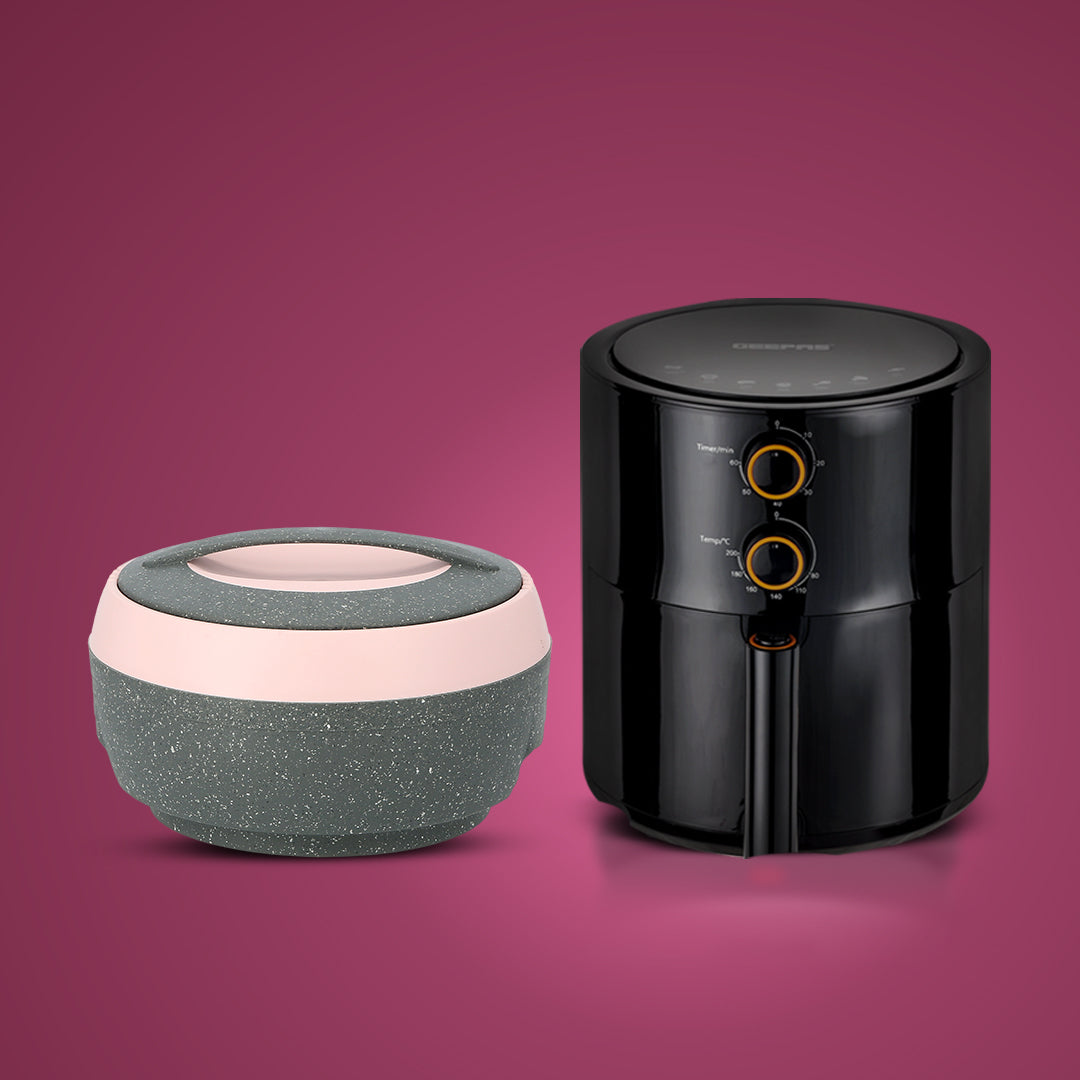 Premium Healthy Cook & Serve Combo: Geepas 4L Air Fryer & Royalford 2500ml Cosmos Insulated Casserole