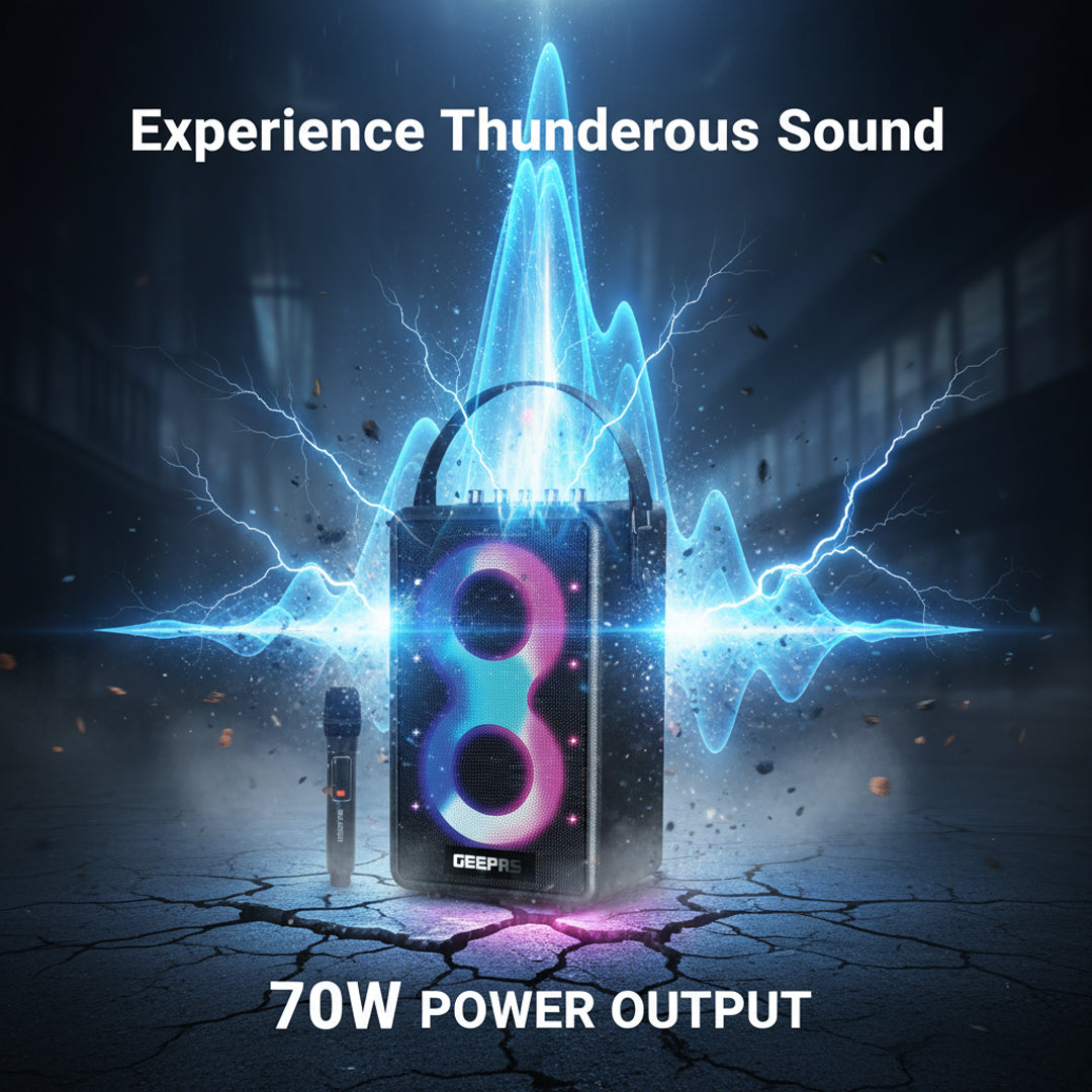 Geepas GMS11202 Bluetooth Speaker with UHF Wireless Microphone | 70W RMS Powerful Sound | 7200mAh Rechargeable Battery | RGB Party Lights | Multi-Connectivity Options