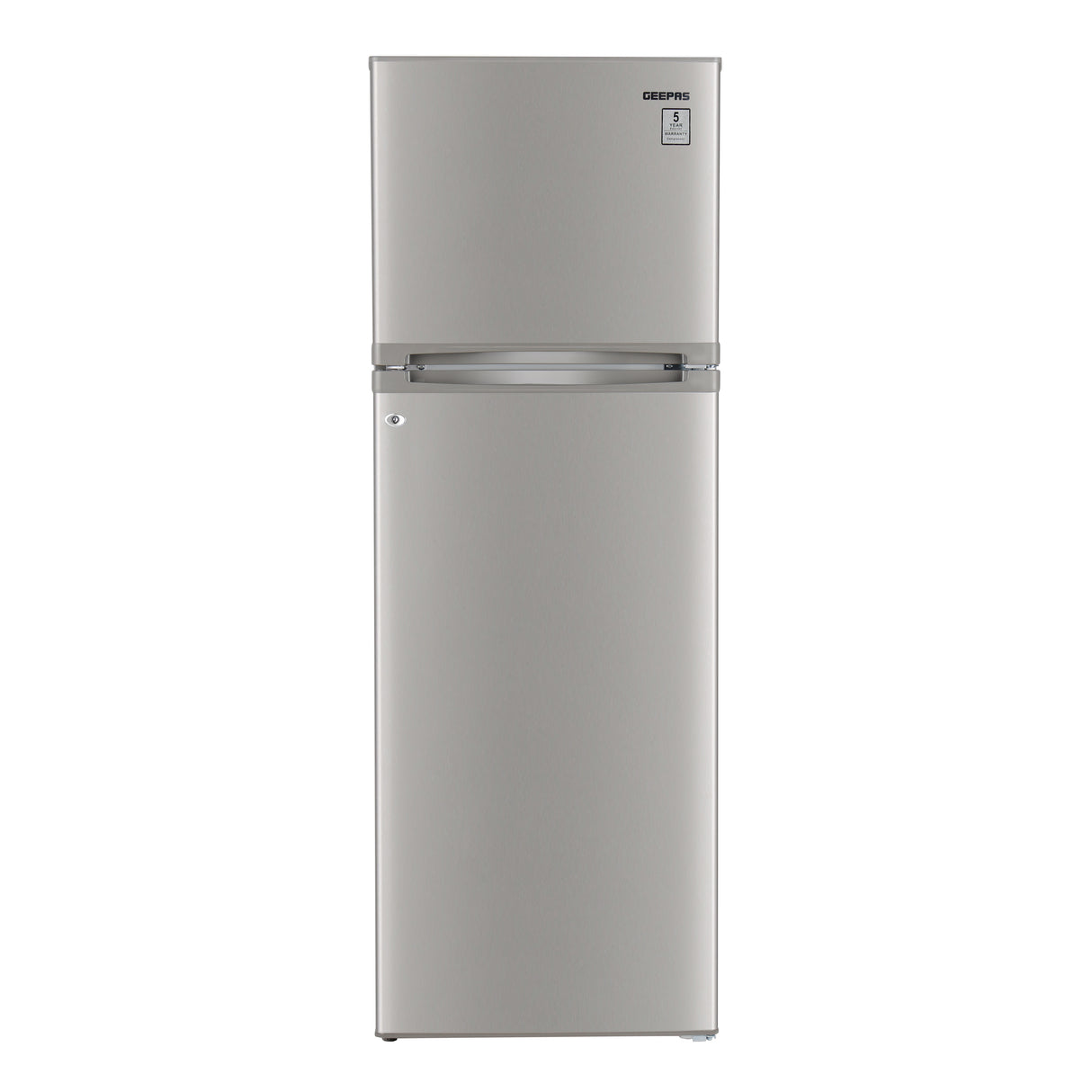 Geepas Defrost Double Door Refrigerator- GRF3500SXE/ Quick Cooling, Low Noise, Adjustable Thermostat/ Equipped with Glass Shelves, Big Crystal Drawer, Silver