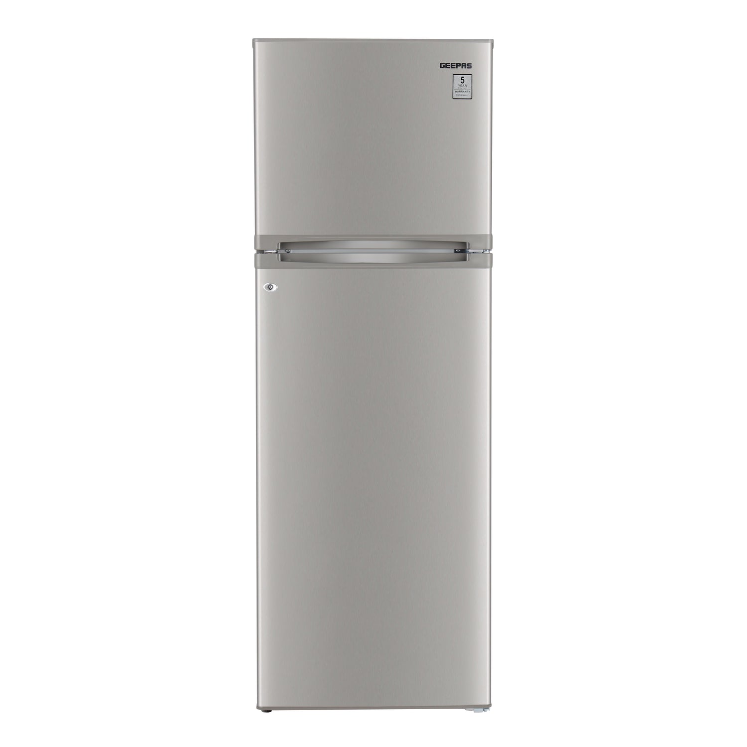 Geepas Defrost Double Door Refrigerator- GRF3500SXE/ Quick Cooling, Low Noise, Adjustable Thermostat/ Equipped with Glass Shelves, Big Crystal Drawer, Silver