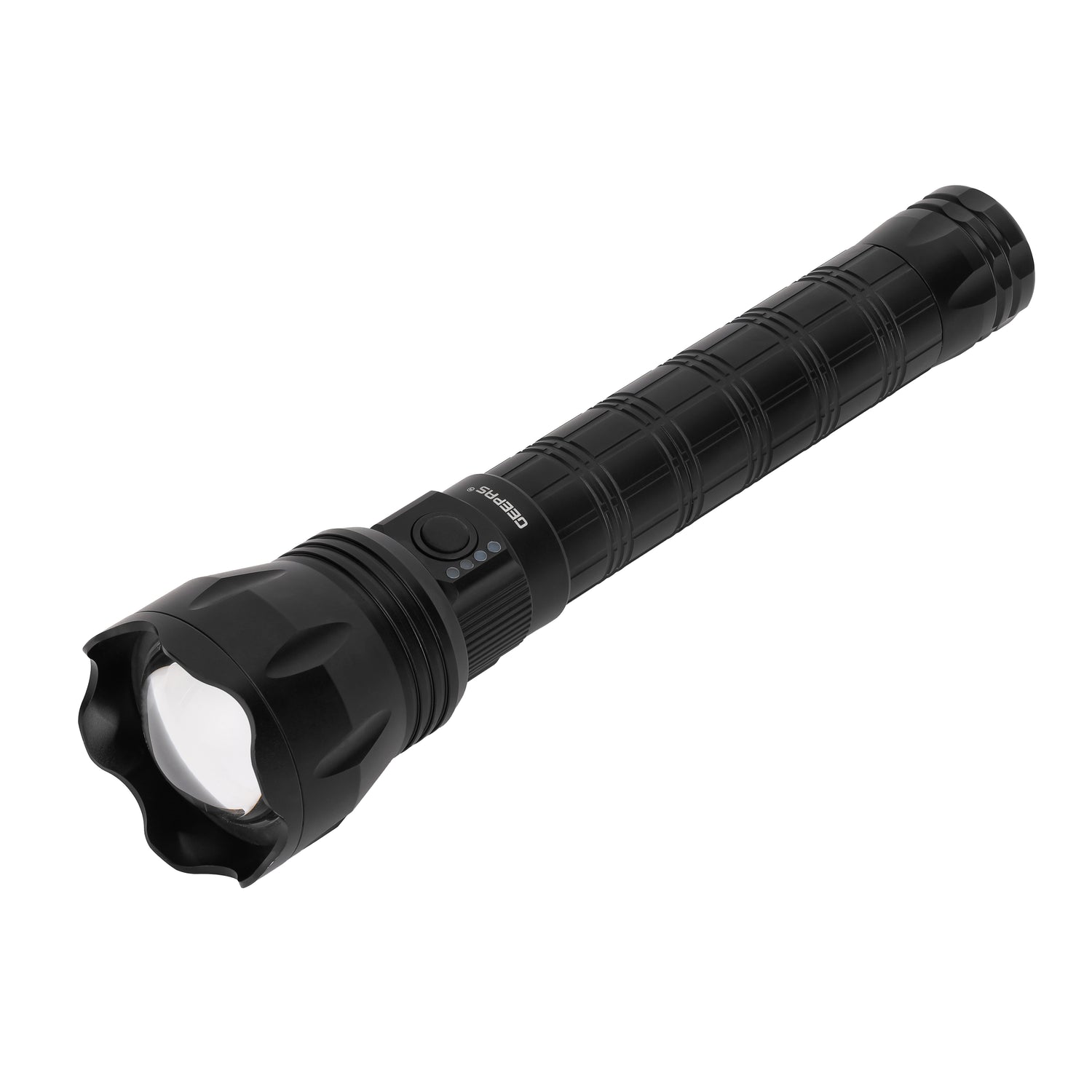 Geepas Zoomable LED Flashlight with Power Bank- GFL4650/ 30 W Lazer LEDs,12 Hours Continuous Working/2 Modes, High and Low, 3000 Lumens Torch Light,Type-C Charging/ Black
