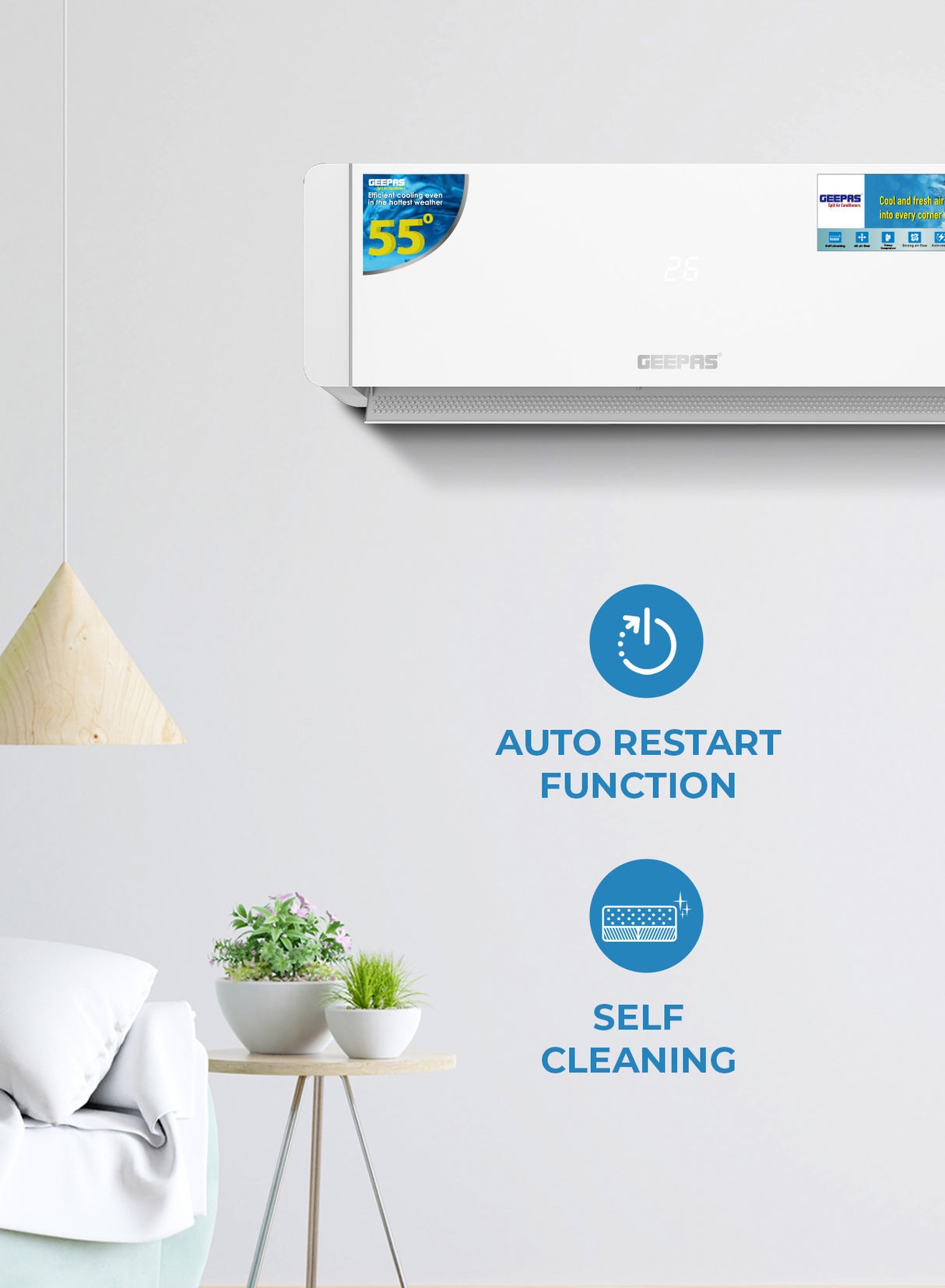 Geepas 1 Ton Smart Split Air Conditioner GACS1225CUE | 12000 BTU Cooling | Wi-Fi Control, LED Display| 4D Air Flow| Golden Fin| Self-Cleaning & 5-Year Compressor Warranty