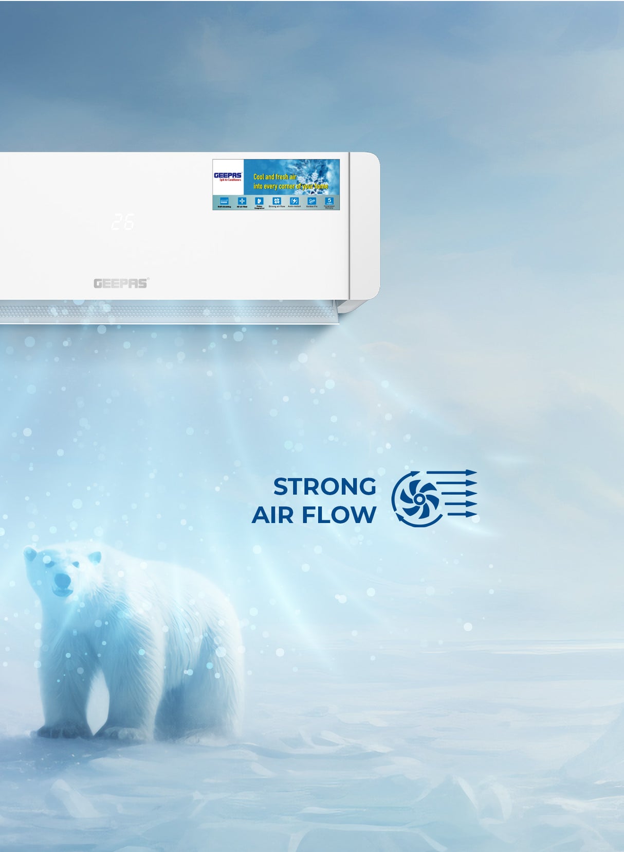Geepas 1 Ton Smart Split Air Conditioner GACS1225CUE | 12000 BTU Cooling | Wi-Fi Control, LED Display| 4D Air Flow| Golden Fin| Self-Cleaning & 5-Year Compressor Warranty