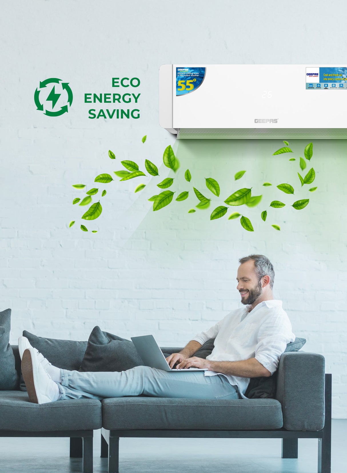 Geepas 1 Ton Smart Split Air Conditioner GACS1225CUE | 12000 BTU Cooling | Wi-Fi Control, LED Display| 4D Air Flow| Golden Fin| Self-Cleaning & 5-Year Compressor Warranty