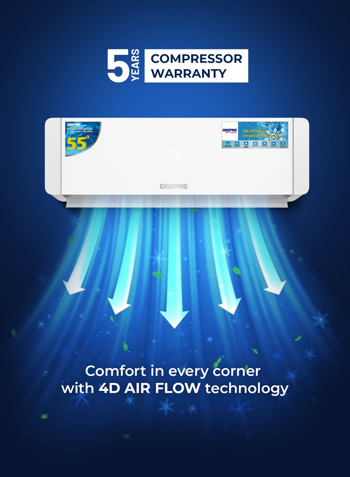 Geepas 1 Ton Smart Split Air Conditioner GACS1225CUE | 12000 BTU Cooling | Wi-Fi Control, LED Display| 4D Air Flow| Golden Fin| Self-Cleaning & 5-Year Compressor Warranty