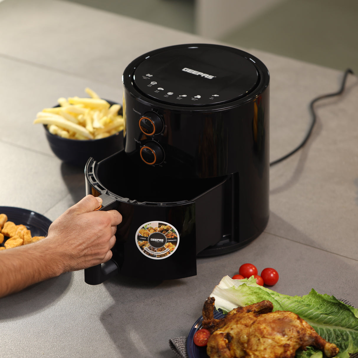 Geepas Air Fryer- GAF37513/ 4.0 L Pot, Non-Stick Coating, with Vortex Frying Technology/ Multiple Function, 1-60 Min Timer, Temperature 80-200 Degree Celsius, Black