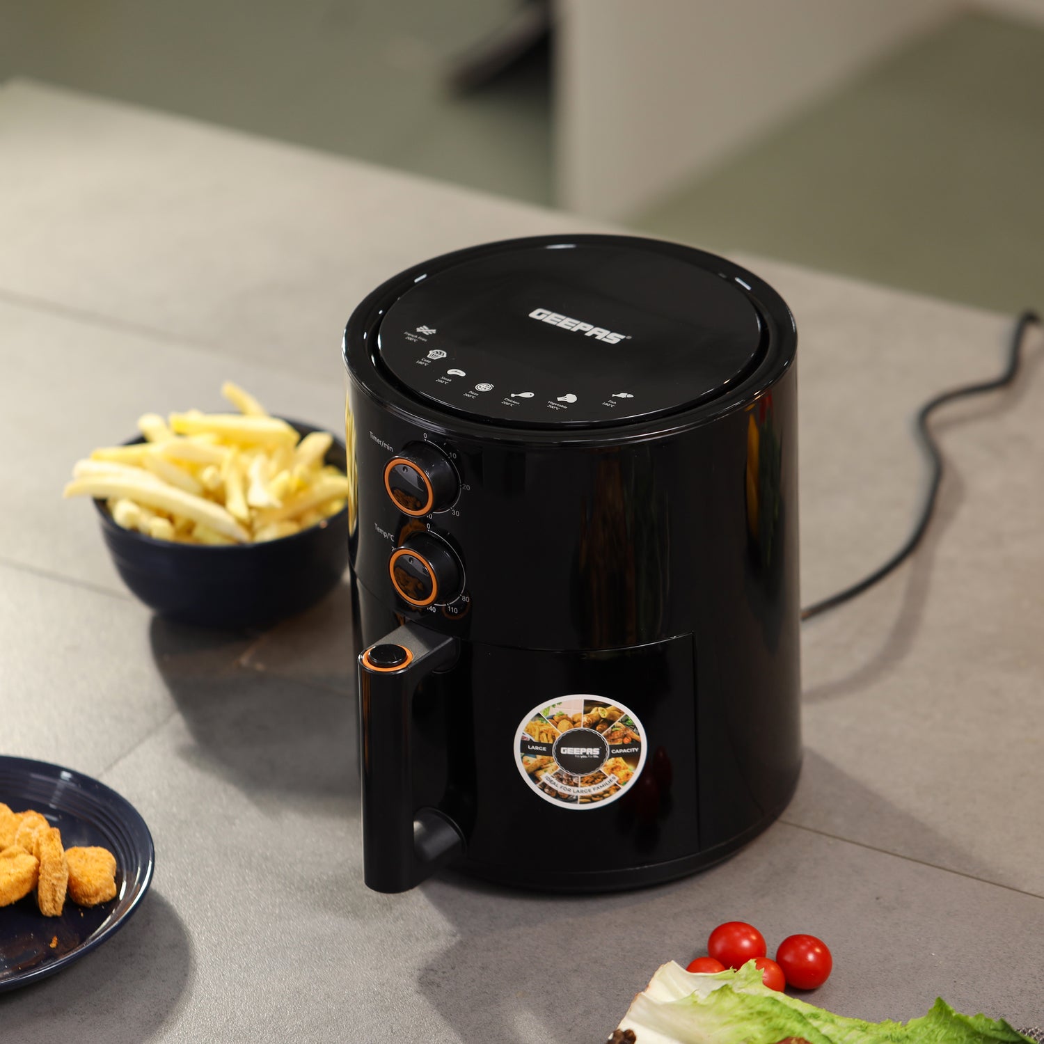 Geepas Air Fryer- GAF37513/ 4.0 L Pot, Non-Stick Coating, with Vortex Frying Technology/ Multiple Function, 1-60 Min Timer, Temperature 80-200 Degree Celsius, Black