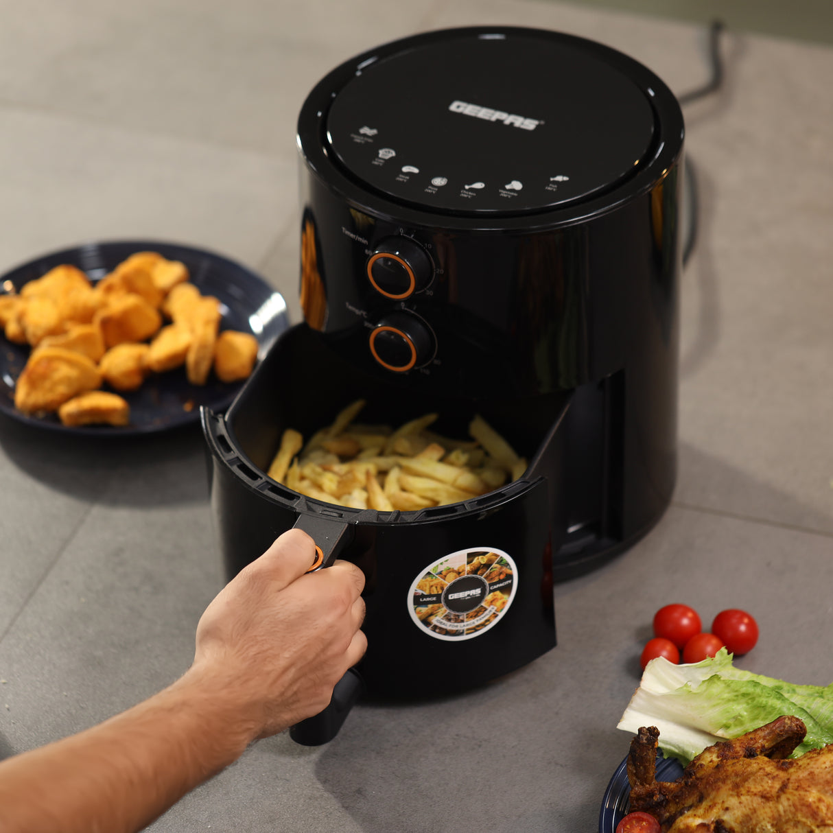 Geepas Air Fryer- GAF37513/ 4.0 L Pot, Non-Stick Coating, with Vortex Frying Technology/ Multiple Function, 1-60 Min Timer, Temperature 80-200 Degree Celsius, Black
