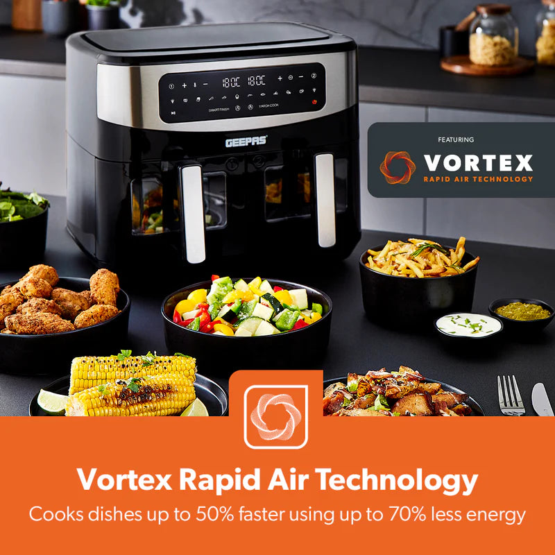 Geepas 9 L Dual Basket Digital Air Fryer- GAF37525UK| Equipped with VORTEX Air Frying Technology, Oil Free Cooking| LED Display with Touch Screen, 10 Preset Cooking Modes