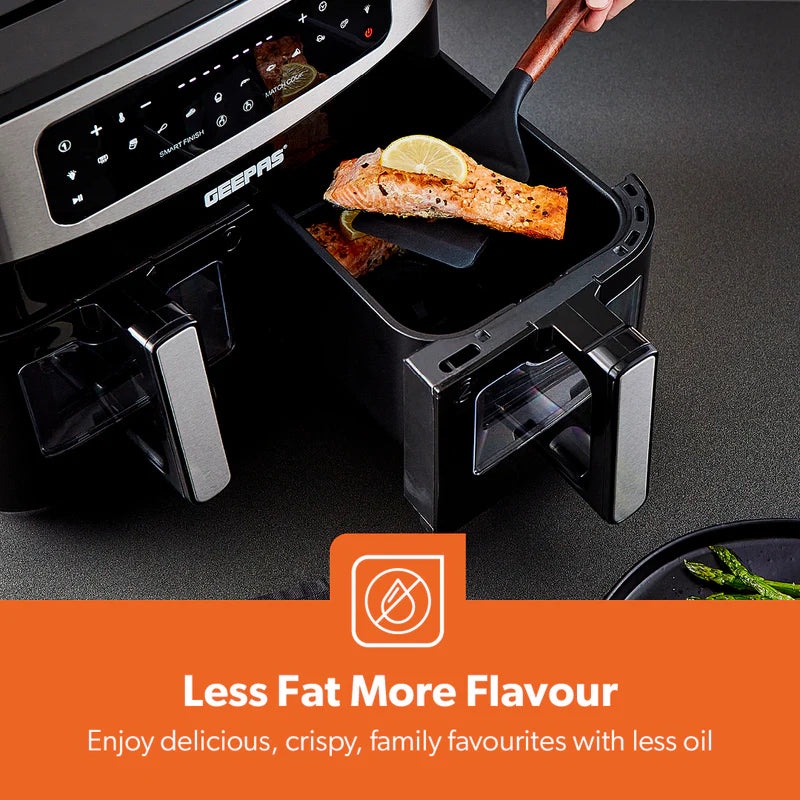 Geepas 9 L Dual Basket Digital Air Fryer- GAF37525UK| Equipped with VORTEX Air Frying Technology, Oil Free Cooking| LED Display with Touch Screen, 10 Preset Cooking Modes