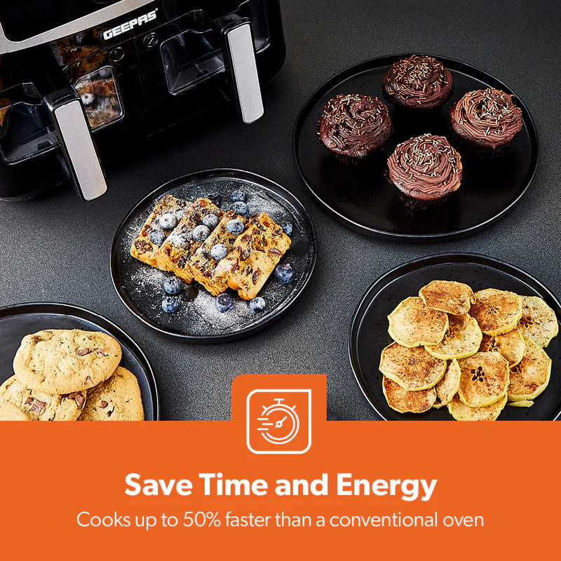 Geepas 9 L Dual Basket Digital Air Fryer- GAF37525UK| Equipped with VORTEX Air Frying Technology, Oil Free Cooking| LED Display with Touch Screen, 10 Preset Cooking Modes