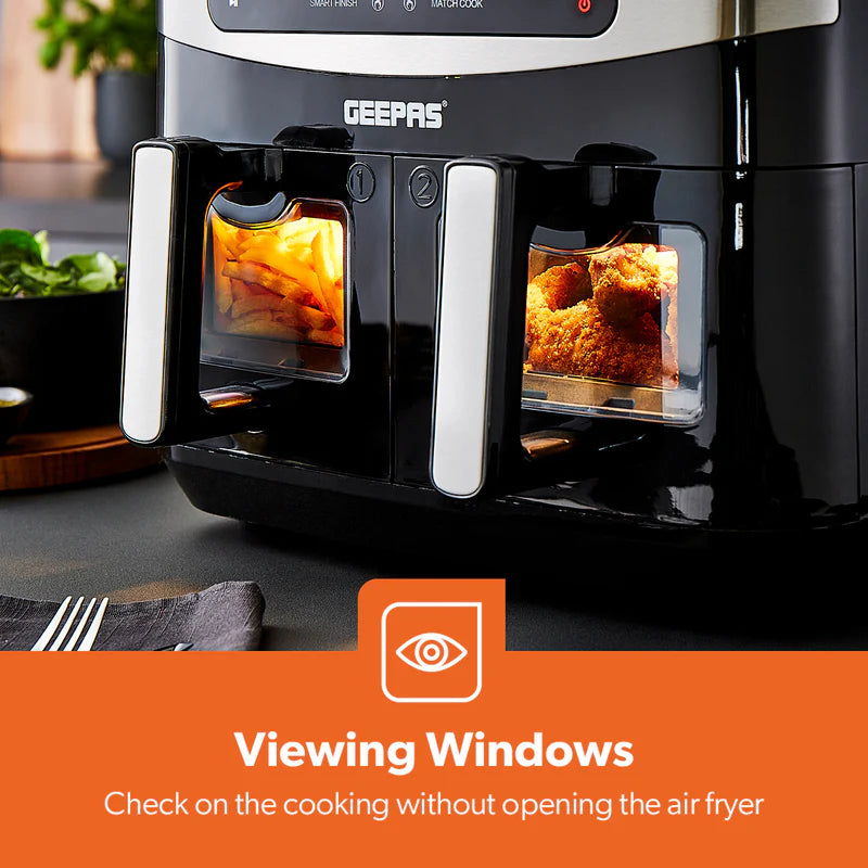 Geepas 9 L Dual Basket Digital Air Fryer- GAF37525UK| Equipped with VORTEX Air Frying Technology, Oil Free Cooking| LED Display with Touch Screen, 10 Preset Cooking Modes