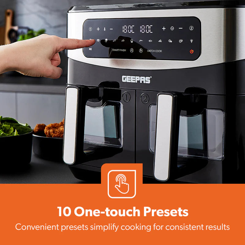 Geepas 9 L Dual Basket Digital Air Fryer- GAF37525UK| Equipped with VORTEX Air Frying Technology, Oil Free Cooking| LED Display with Touch Screen, 10 Preset Cooking Modes