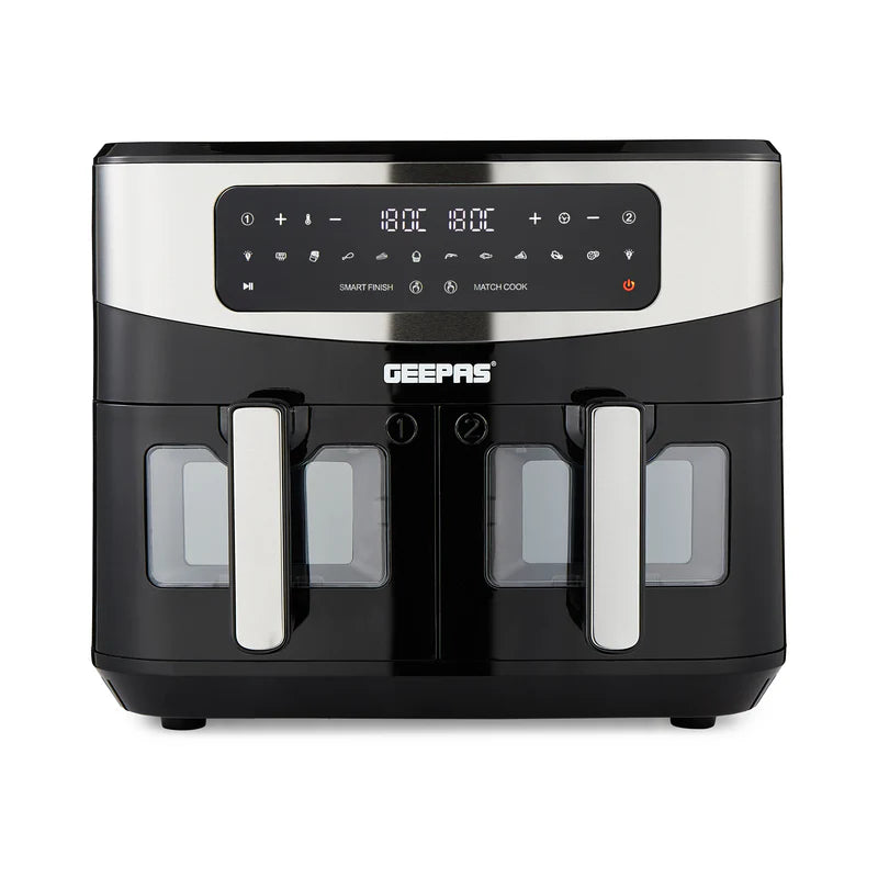 Geepas 9 L Dual Basket Digital Air Fryer- GAF37525UK| Equipped with VORTEX Air Frying Technology, Oil Free Cooking| LED Display with Touch Screen, 10 Preset Cooking Modes