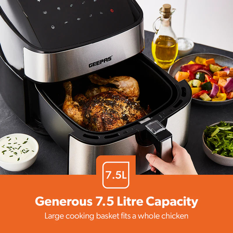 Geepas Digital Air Fryer GAF37530UK | 7.5L Capacity with 5.5L Basket, Vortex Technology, Digital Touch Screen, 10 Preset Modes, 1–60 Min Timer, 2 Years Warranty