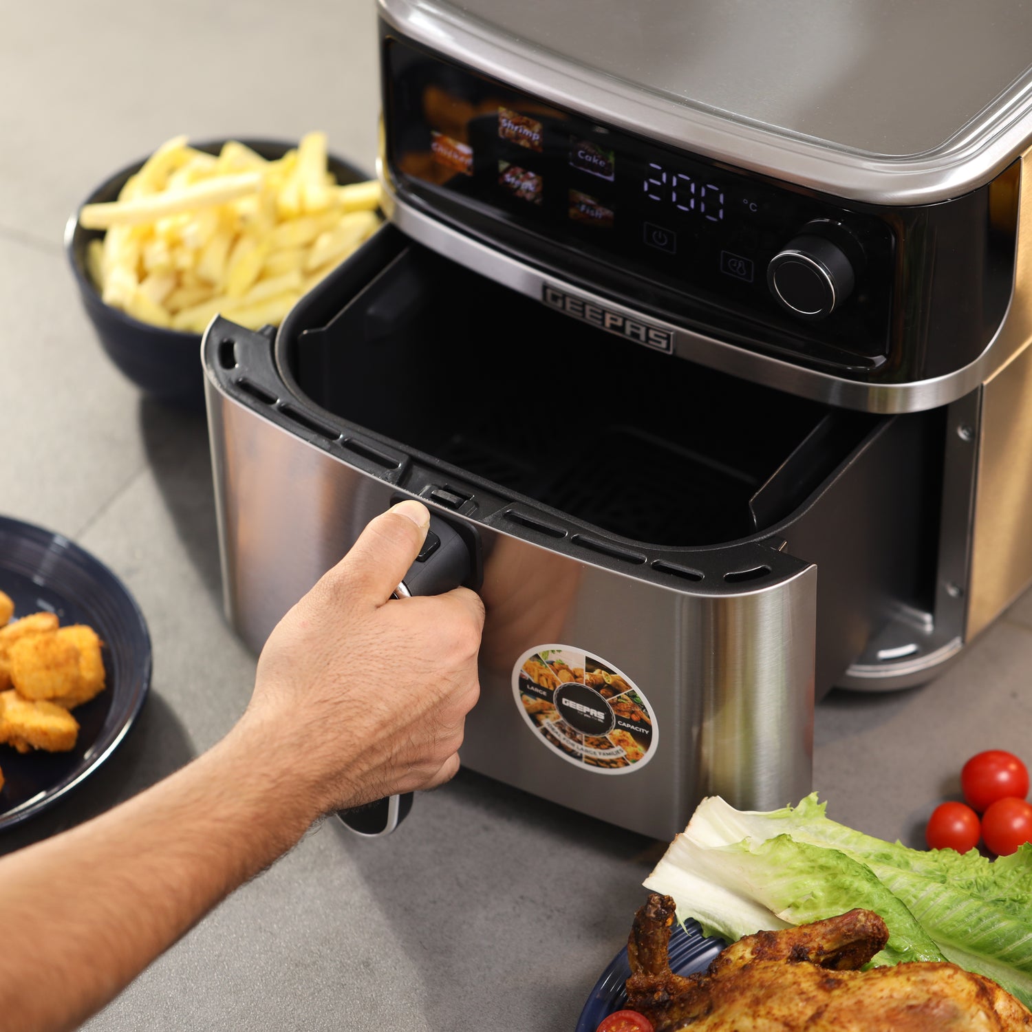 Geepas GAF37534T 8L Stainless Steel Digital Air Fryer | Oil-Free Cooking | 6 Preset Programs, 60 Min Timer, 70–200°C Temp | Ideal for Fries,  Bread Etc | 2 Years Warranty