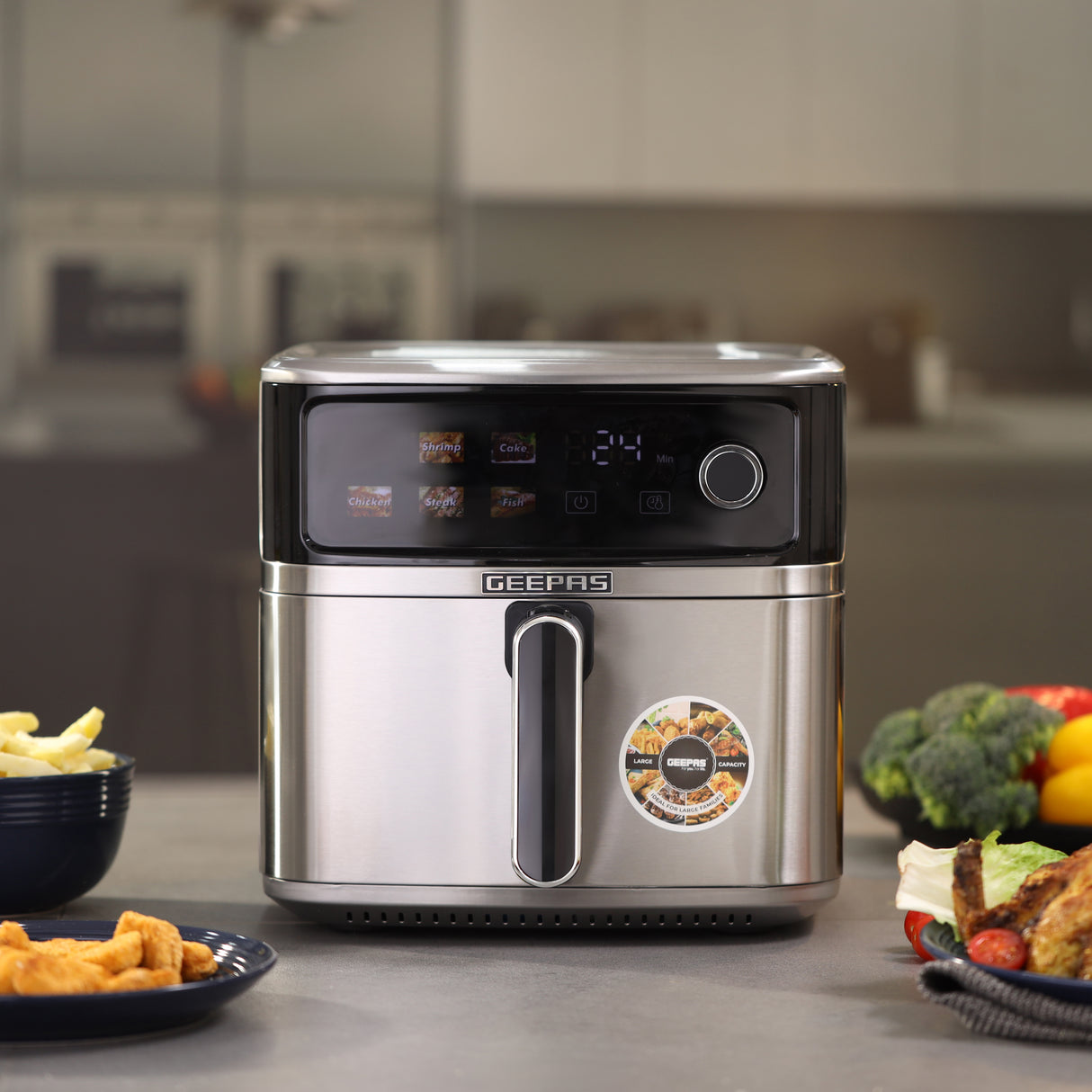 Geepas GAF37534T 8L Stainless Steel Digital Air Fryer | Oil-Free Cooking | 6 Preset Programs, 60 Min Timer, 70–200°C Temp | Ideal for Fries,  Bread Etc | 2 Years Warranty