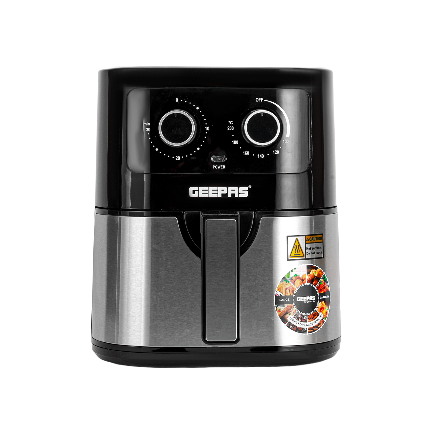 Geepas Air Fryer- GAF37541/ 4.5 L Pot with Rack,  Vortex Air Frying Technology/ 1-30 Min Timer, Temperature 100-200 Degree Celsius/  2 Years Warranty, Black and Silver