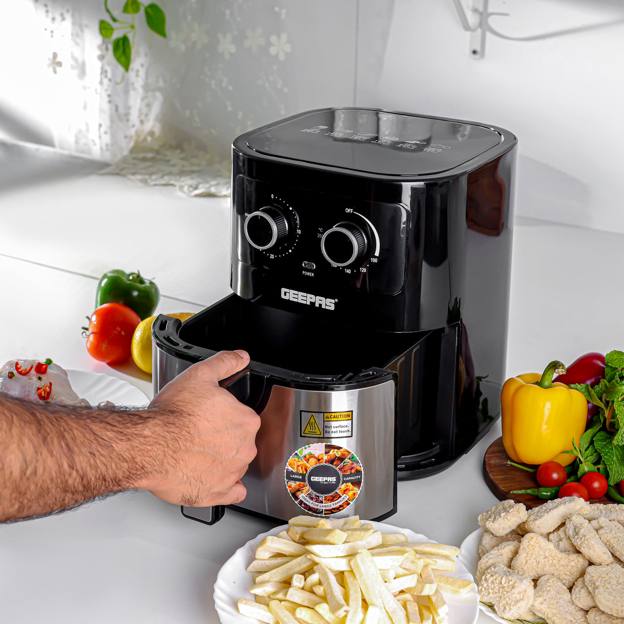 Geepas Air Fryer- GAF37541/ 4.5 L Pot with Rack,  Vortex Air Frying Technology/ 1-30 Min Timer, Temperature 100-200 Degree Celsius/  2 Years Warranty, Black and Silver