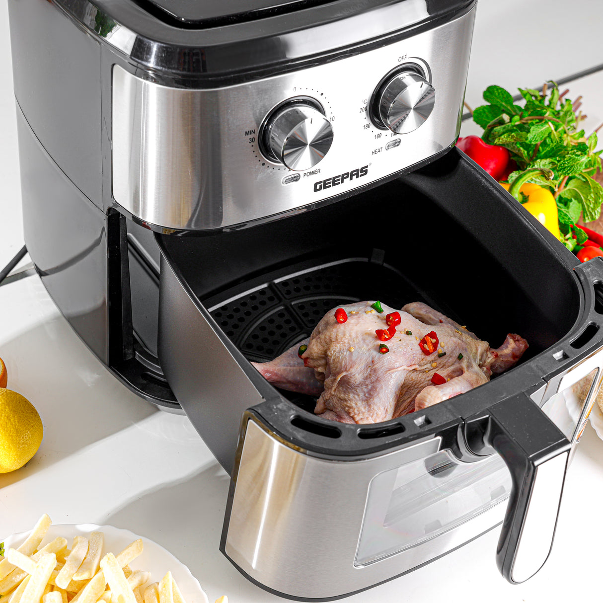 Geepas Air Fryer- GAF37542/ 9.2 L/  Vortex Frying Technology/ 1-30 Min Timer, Temperature 100-200 Degree Celsius/  View Glass Window / 2 Years Warranty, Black and Silver