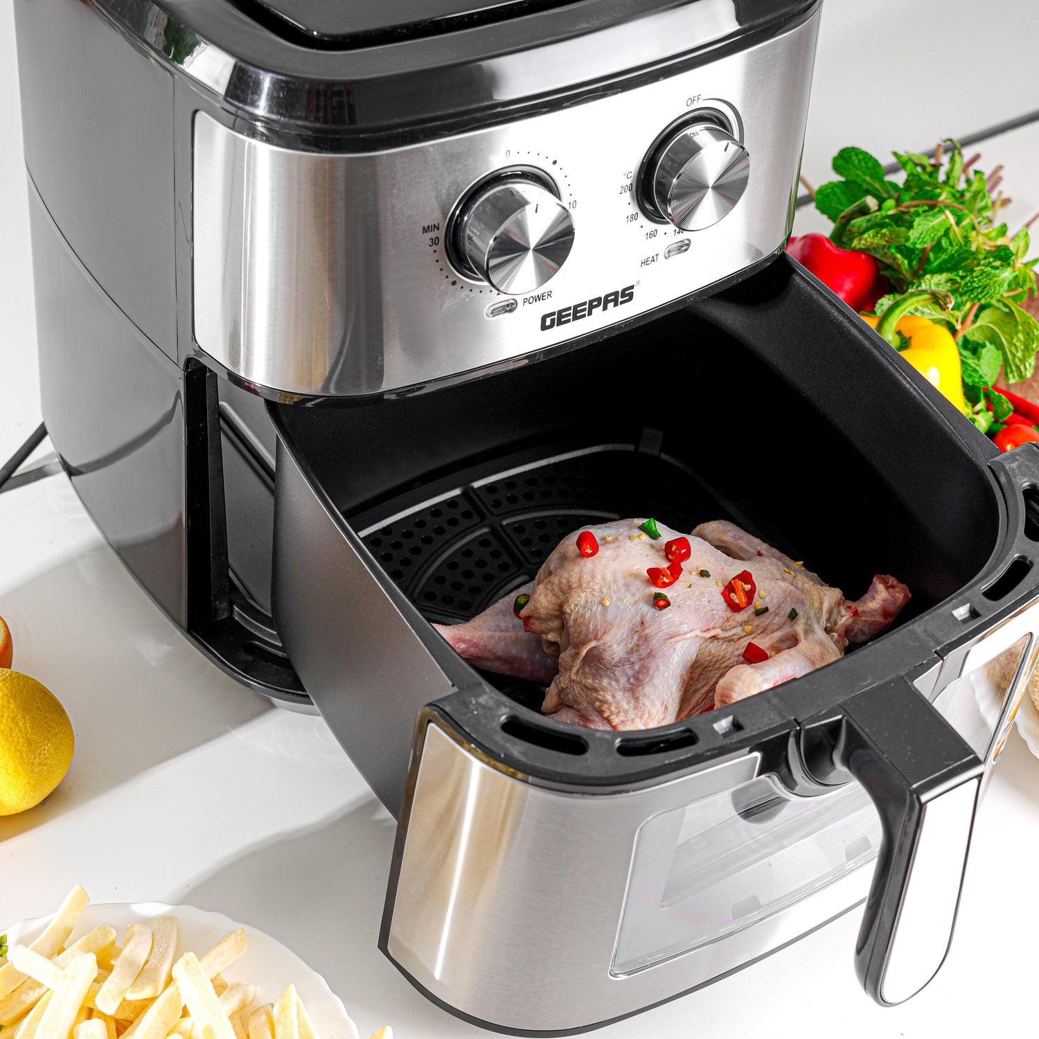 Geepas Air Fryer- GAF37542/ 9.2 L/  Vortex Frying Technology/ 1-30 Min Timer, Temperature 100-200 Degree Celsius/  View Glass Window / 2 Years Warranty, Black and Silver