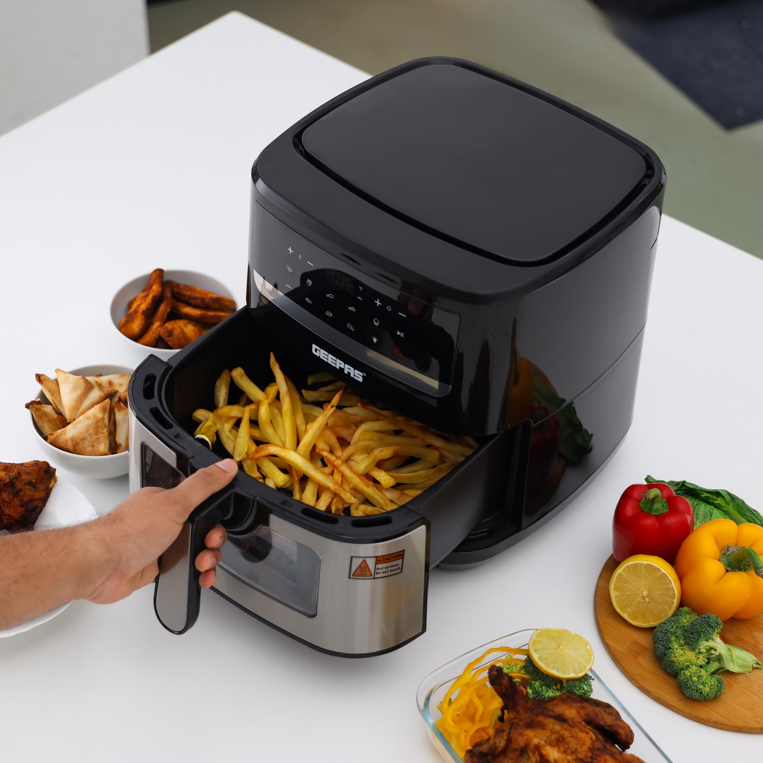 Geepas Double Heating Digital Air Fryer GAF37543 | 7.5L Capacity| Vortex Frying Technology| 1–60 Min Timer| 50–200°C Temperature| 9 Preset Programs| 2 Years Warranty