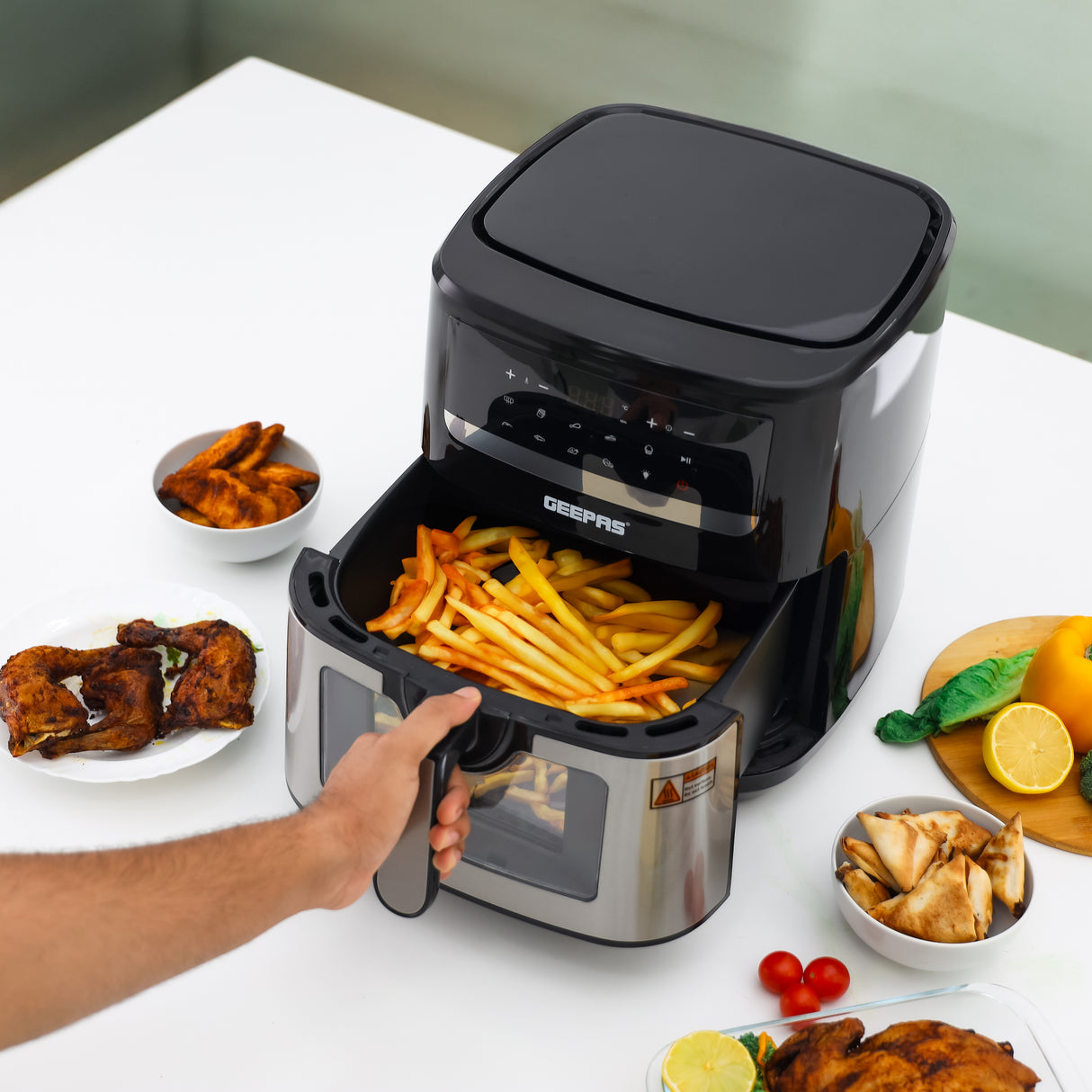 Geepas Double Heating Digital Air Fryer GAF37544 | 9.2L| Vortex Frying Technology| Digital Display| 1–60 Min Timer| 50–200°C| 9 Preset Programs|2 Years Warranty