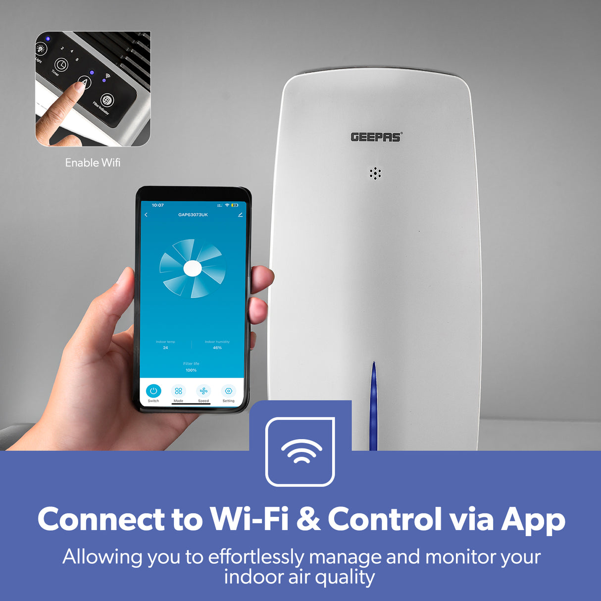 Geepas GAP63073UK Digital Air Purifier & Humidifier | 1.5L Tank Capacity | WiFi Control | 3-Speed Settings | Auto Humidity Sensor | Quiet Operation | 2 Years Warranty