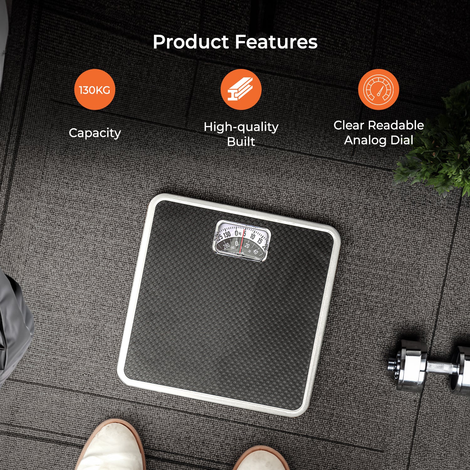 Geepas Mechanical Health Scale-GBS4169N /Multi-Purpose Weighing Machine /High Precision, Calibration Wheel/130 kg Capacity, with Step-On Technology/Black,2 Years Warranty