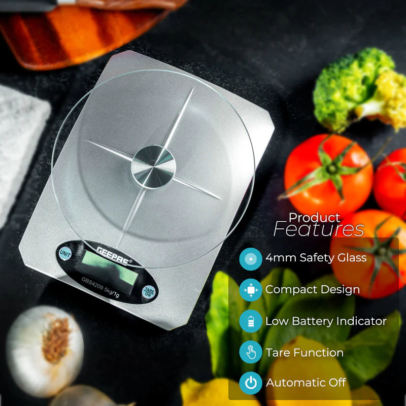 Geepas Digital Kitchen Scale GBS4209 – 5kg Capacity| Safety Glass Platform| High Precision Measurement| Easy-to-Read Display| Compact & Durable Design| 2 Years Warranty