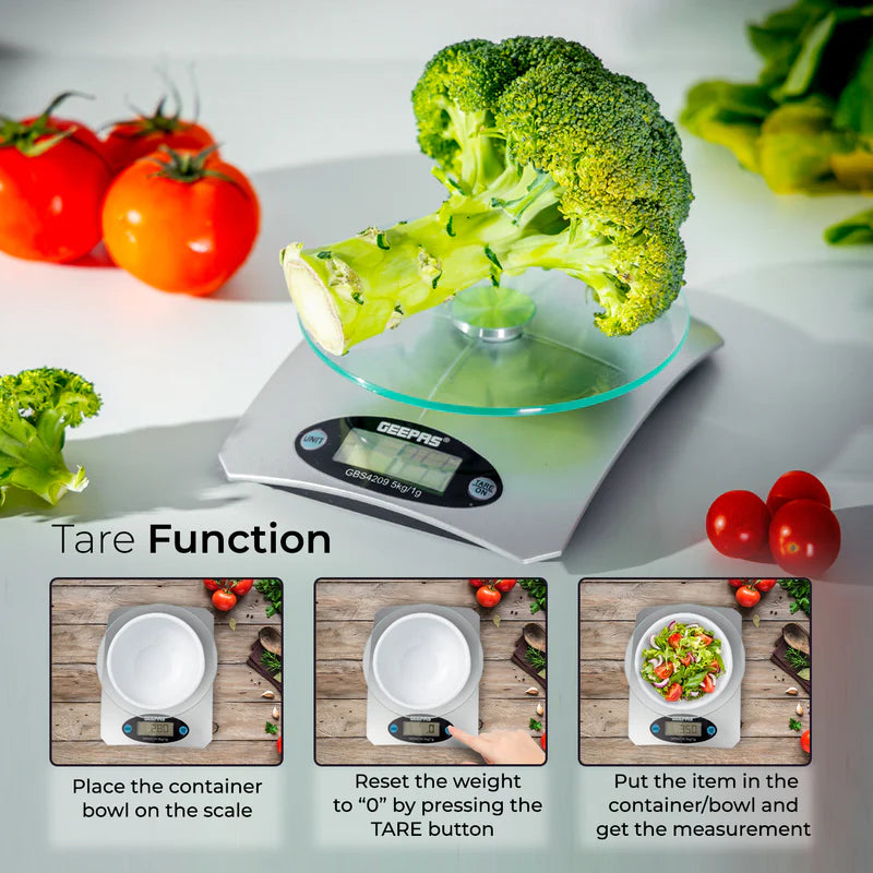 Geepas Digital Kitchen Scale GBS4209 – 5kg Capacity| Safety Glass Platform| High Precision Measurement| Easy-to-Read Display| Compact & Durable Design| 2 Years Warranty