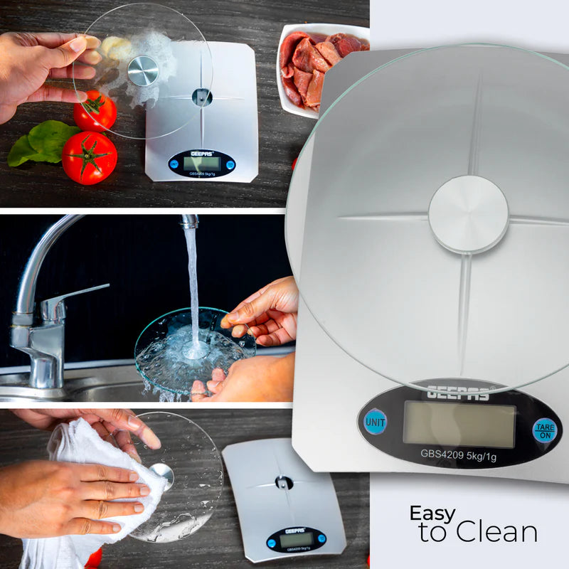 Geepas Digital Kitchen Scale GBS4209 – 5kg Capacity| Safety Glass Platform| High Precision Measurement| Easy-to-Read Display| Compact & Durable Design| 2 Years Warranty