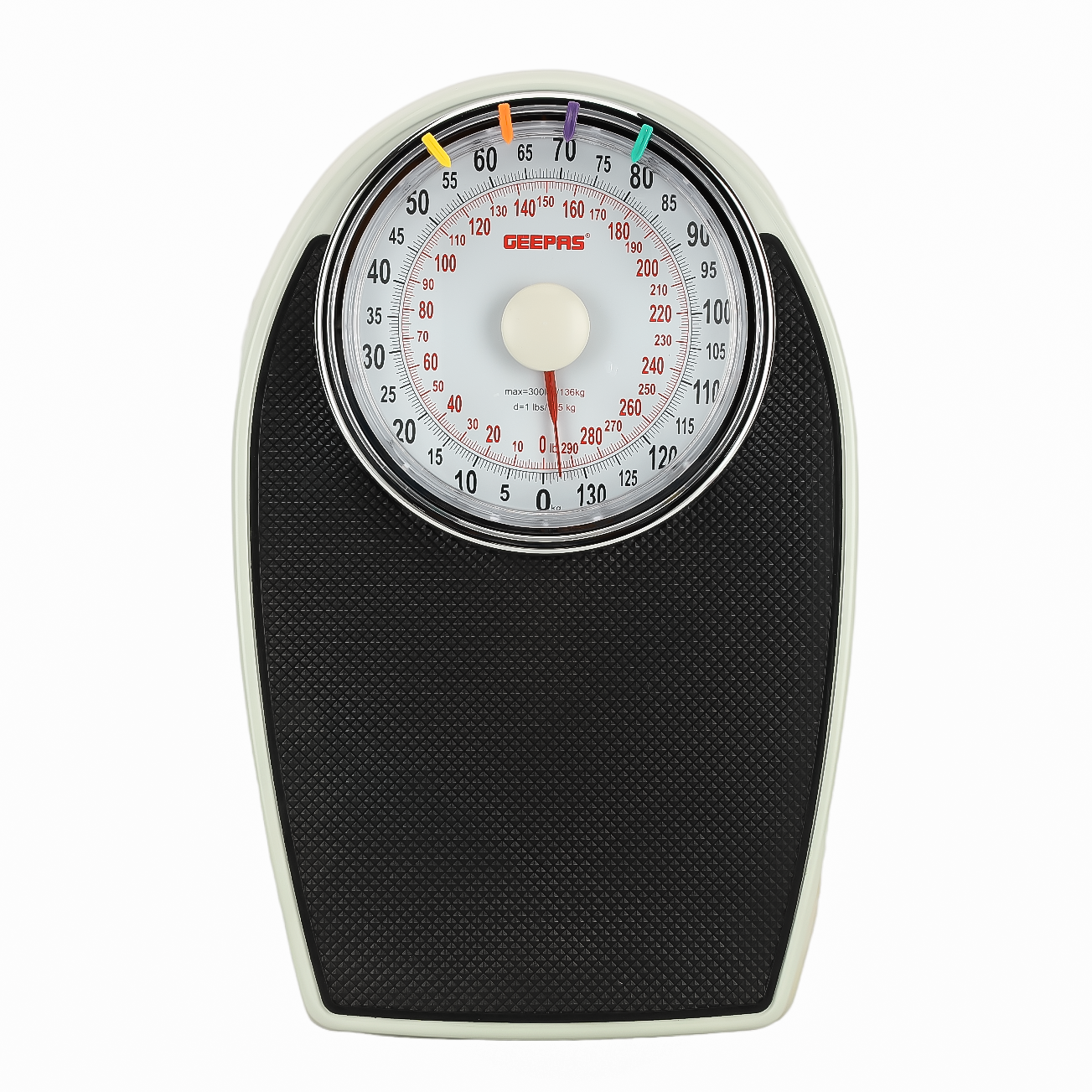 Geepas Mechanical Personal Scale- GBS46528UK/ 136KG Capacity, High Precision Dial, Metal Body, Leather Surface, Step-On Tech, Multi-Purpose Use, White & Black, 2Y Warranty