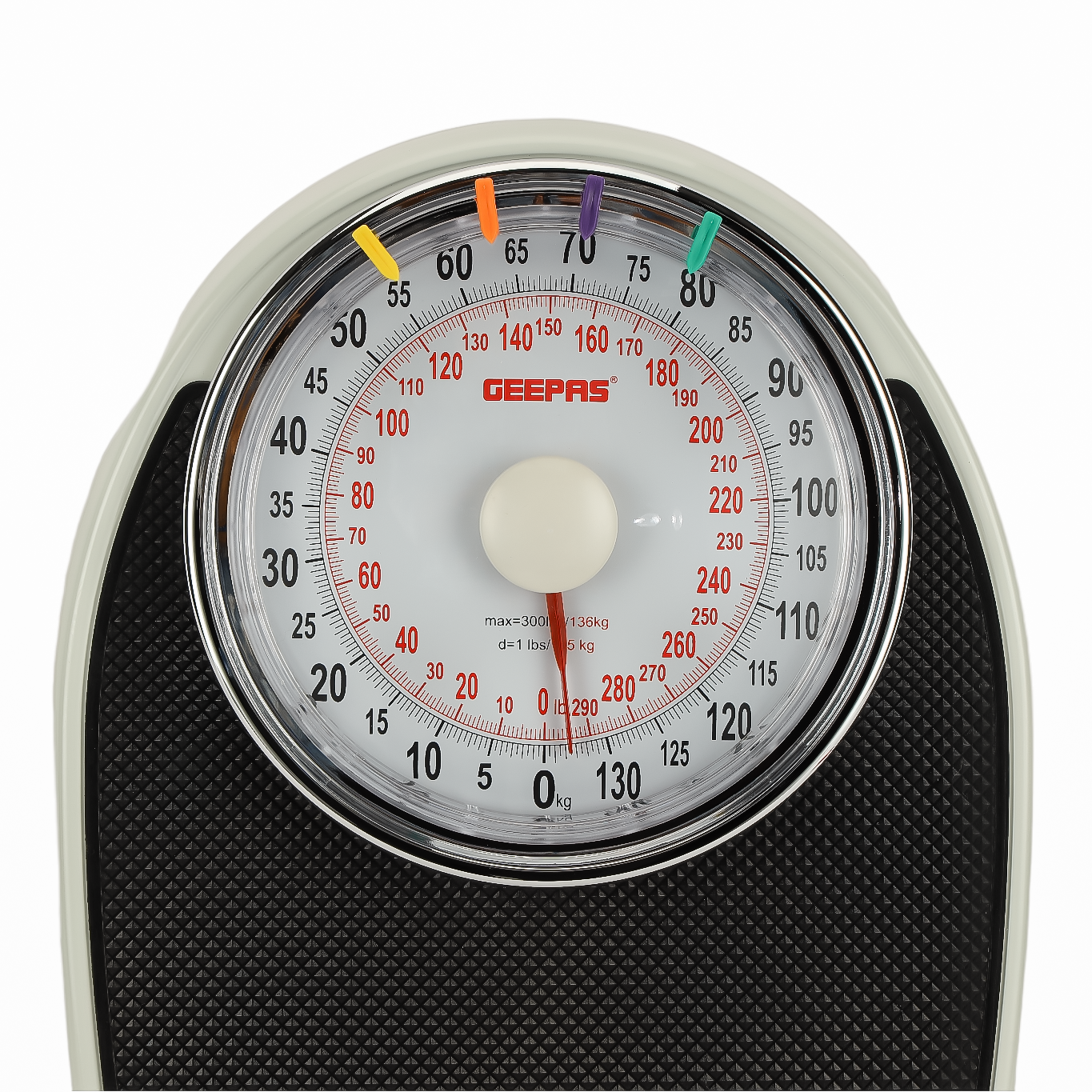 Geepas Mechanical Personal Scale- GBS46528UK/ 136KG Capacity, High Precision Dial, Metal Body, Leather Surface, Step-On Tech, Multi-Purpose Use, White & Black, 2Y Warranty