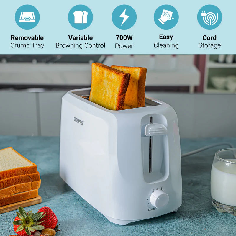 Geepas 2-Slice Bread Toaster GBT36515 | 700W Power| 6 Adjustable Browning Levels| Removable Crumb Tray| Auto Pop-Up Function| Cool Touch Body | 2-Year Warranty