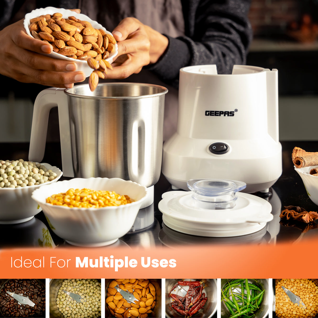 Geepas GCC6105 Food Processor | 450W |  Overheat Protection | Stainless Steel Bowl & Cutting Blade| Pulse Control | Grinder for Spices, Coffee Beans, Nuts & Dried Fruits