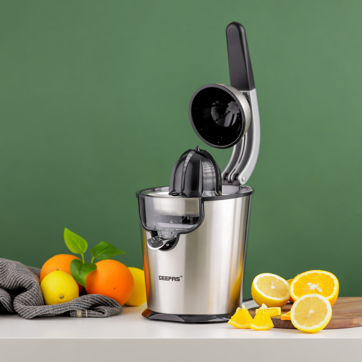Geepas Stainless Steel Citrus Juicer- GCJ46018| Juicer for Orange Juice, Lemon, and so on| Deluxe Stainless Steel Body with Aluminum Die-Casting Handle, Metallic Silver