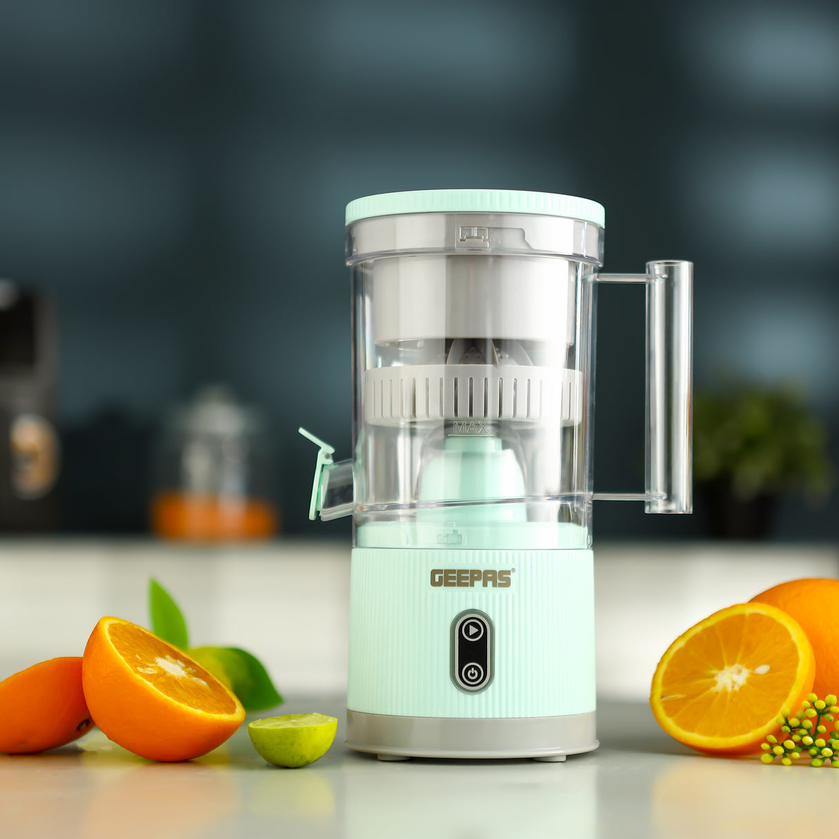 Geepas Rechargeable Citrus Juicer GCJ46019 | 200ml Capacity | USB Charging | Sensor Touch | Wireless Use | Detachable Caps & Cones | Easy Cleaning | 2-Year Warranty
