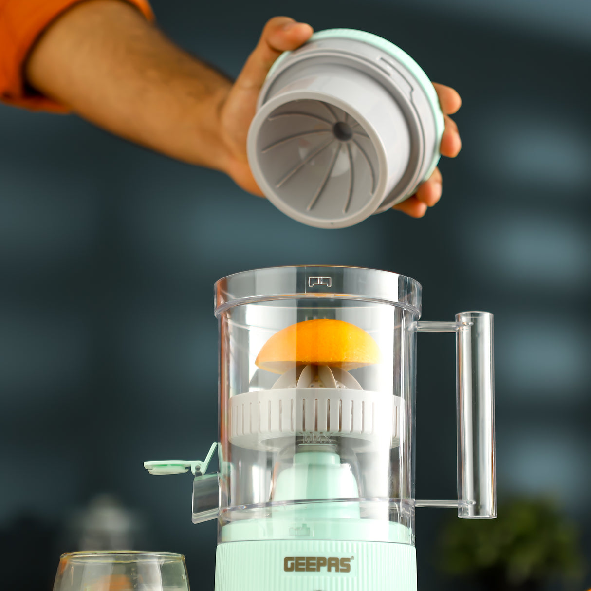 Geepas Rechargeable Citrus Juicer GCJ46019 | 200ml Capacity | USB Charging | Sensor Touch | Wireless Use | Detachable Caps & Cones | Easy Cleaning | 2-Year Warranty