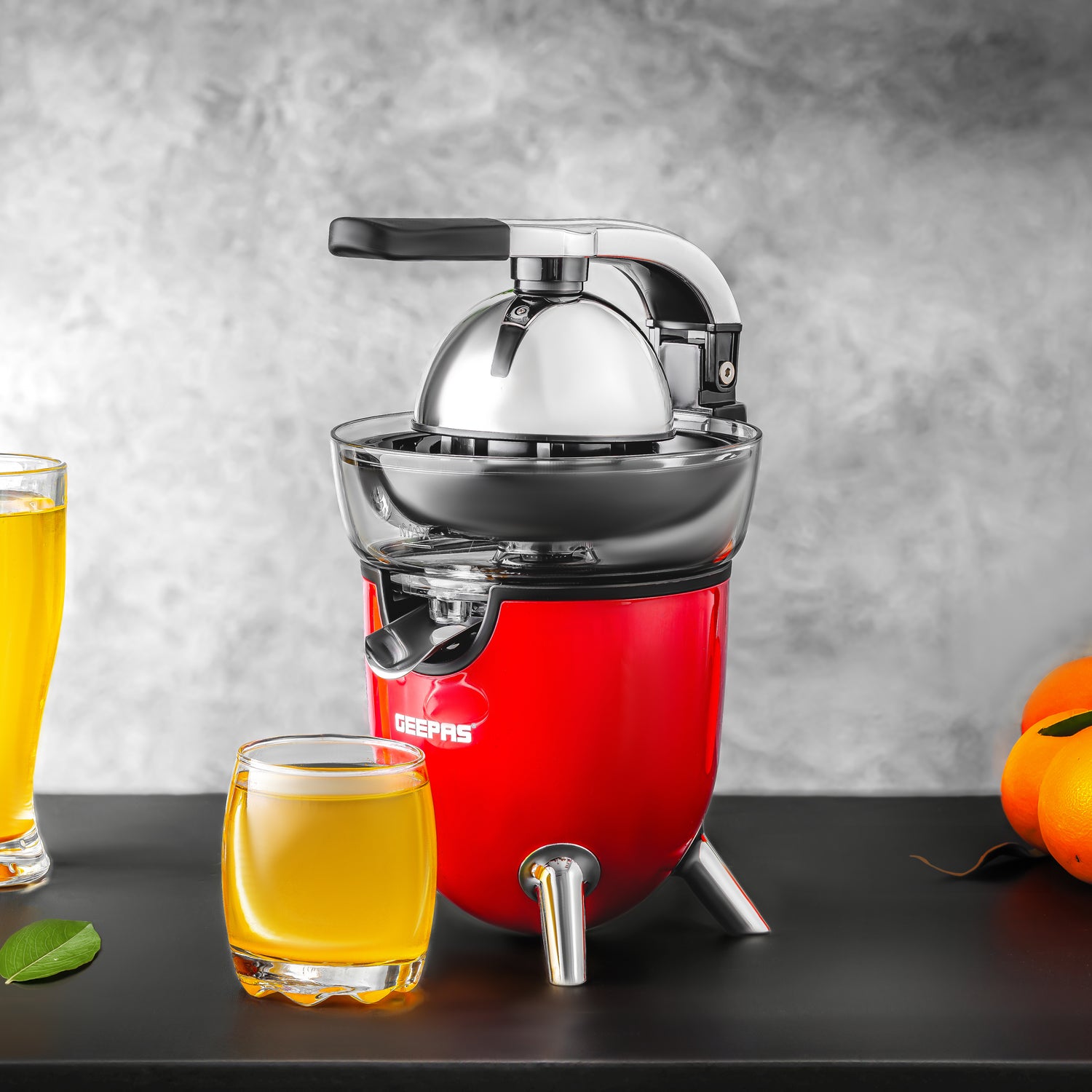 Geepas GCJ46021 Stainless Steel Citrus Juicer | For Oranges, Lemons & More | 2 Cones | Filter Basket | Transparent Collector | Easy Clean |  2Year Warranty