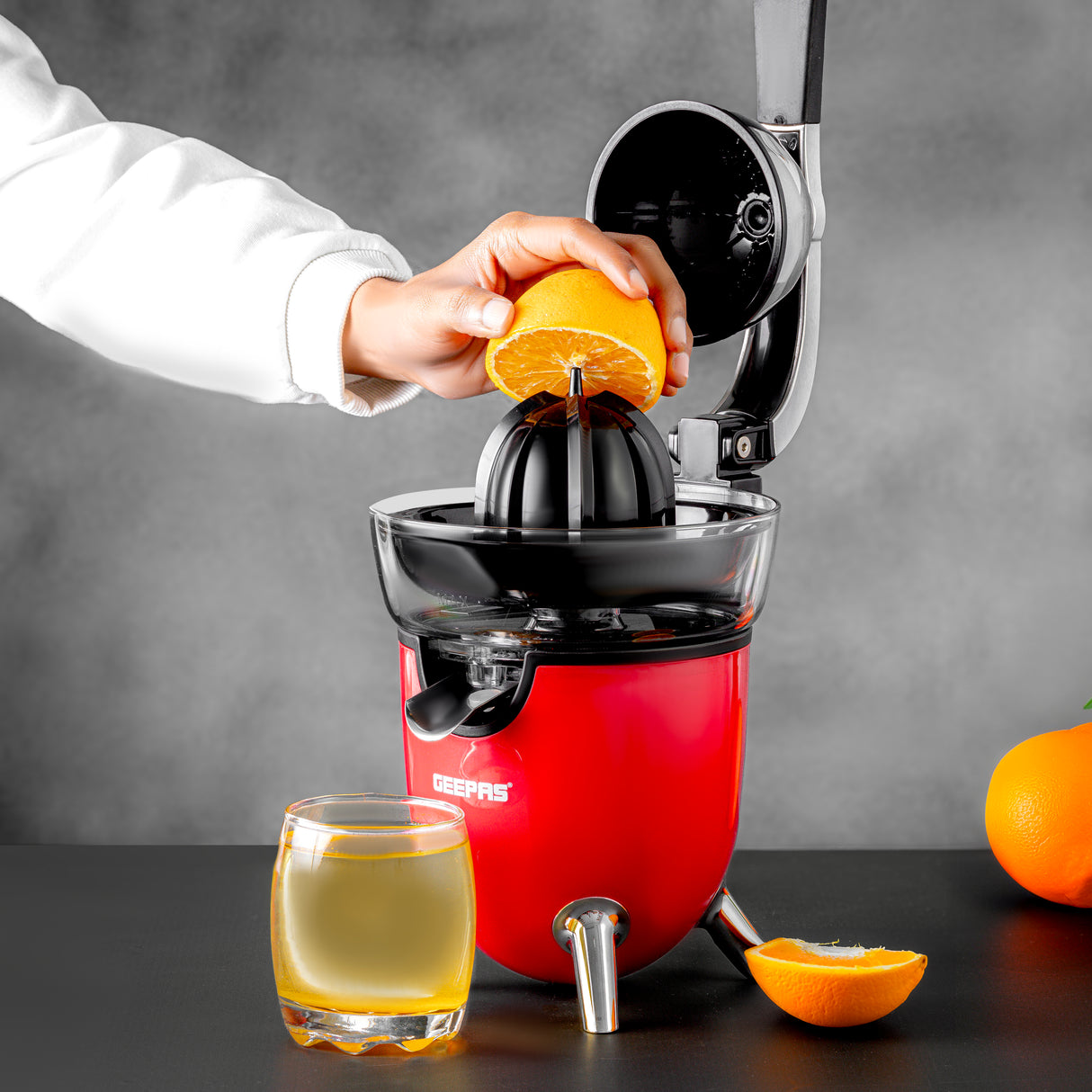 Geepas GCJ46021 Stainless Steel Citrus Juicer | For Oranges, Lemons & More | 2 Cones | Filter Basket | Transparent Collector | Easy Clean |  2Year Warranty