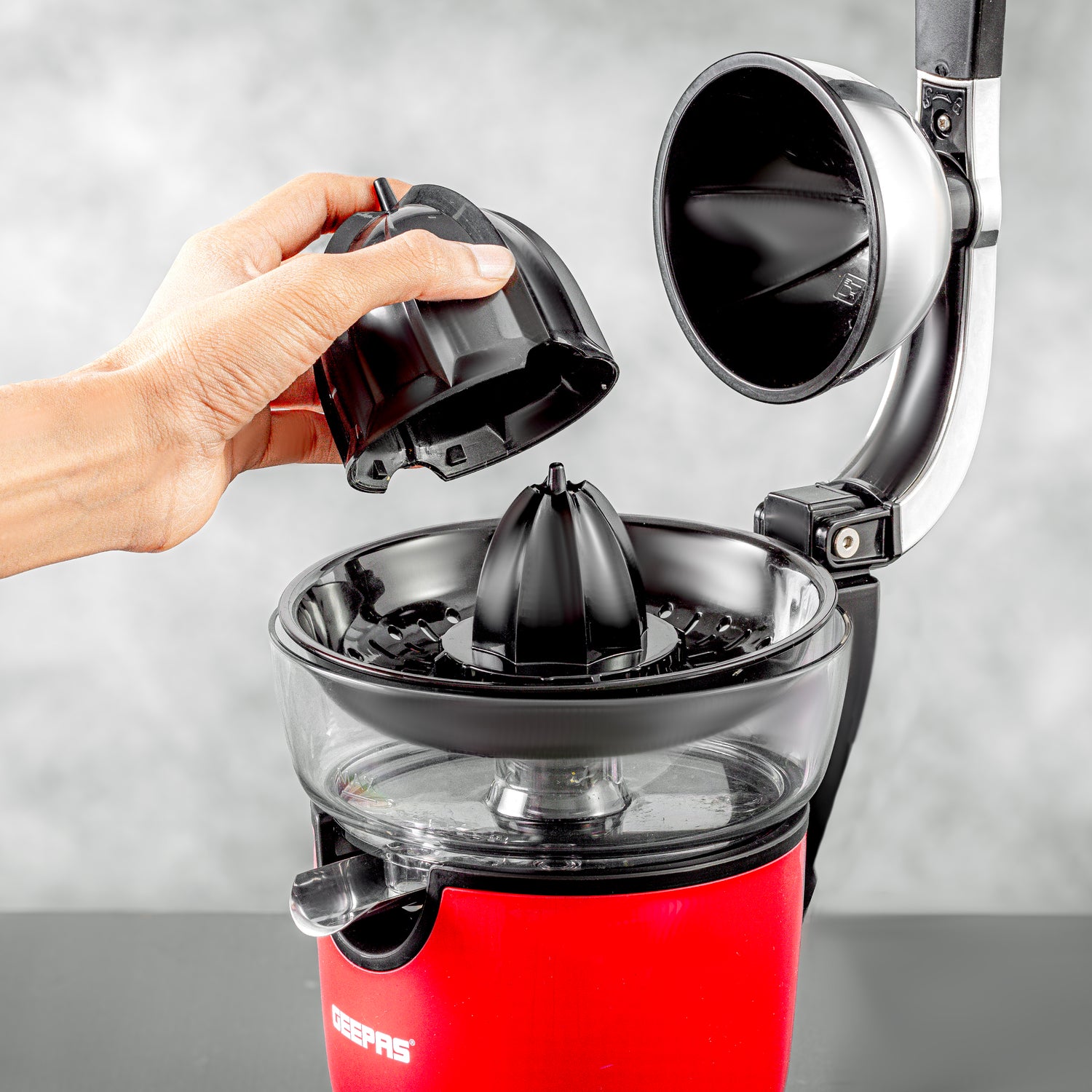 Geepas GCJ46021 Stainless Steel Citrus Juicer | For Oranges, Lemons & More | 2 Cones | Filter Basket | Transparent Collector | Easy Clean |  2Year Warranty